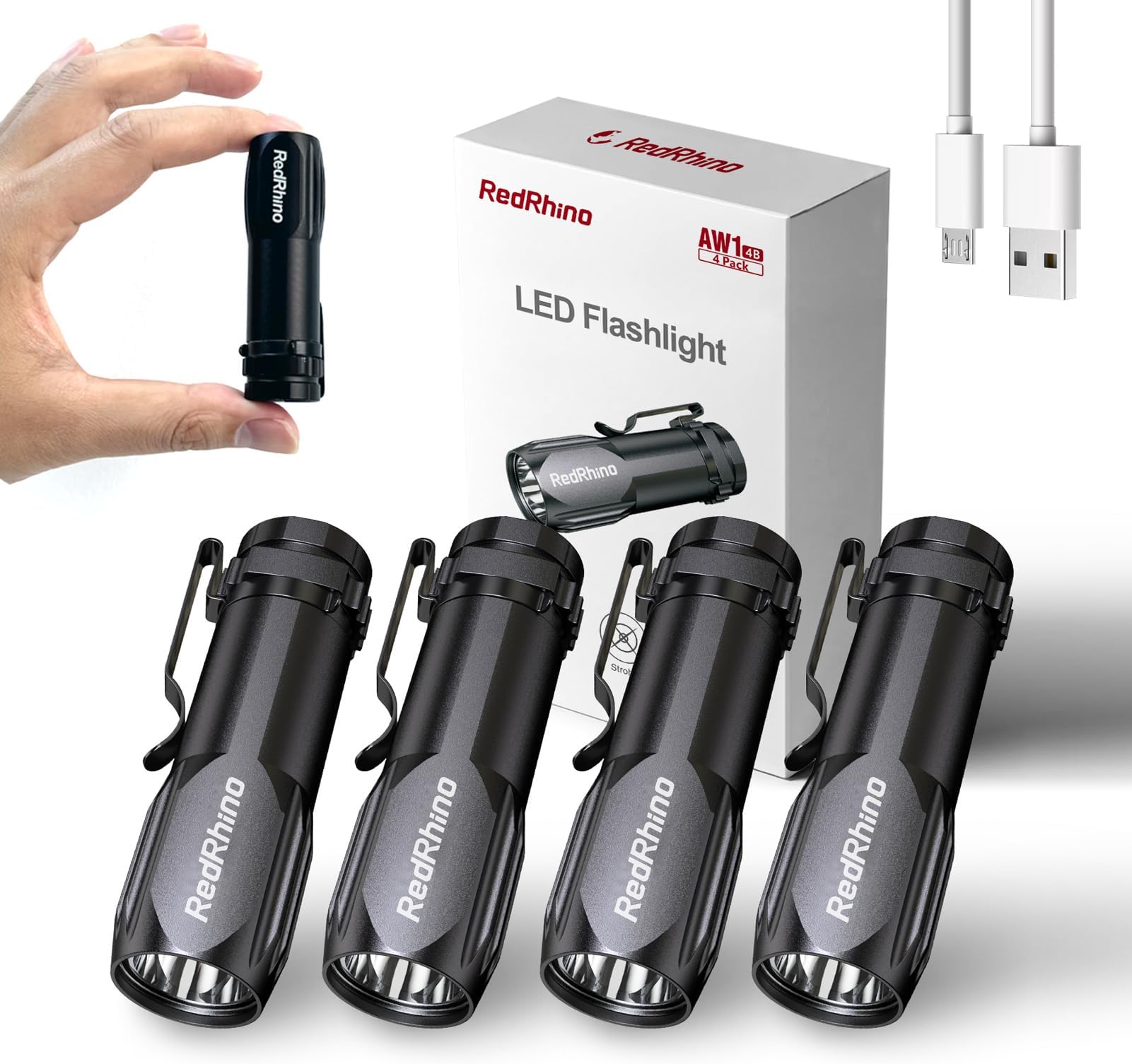 REDRHINO Small LED Flashlight 4 Pack, Rechargeable EDC Compact Pocket Lights, 400 Lumens Mini Flash Light with Clip, Bright Little Flashlights for Home, Emergency, Camping, Outdoor 4B