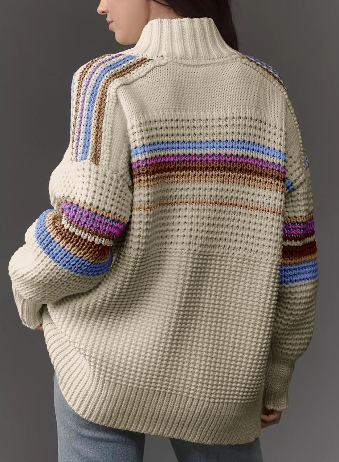 Dokotoo Womens Cardigan Sweaters Long Sleeve Casual Striped Color Block Cable Knit Fall Outfits with Pockets - Image 2