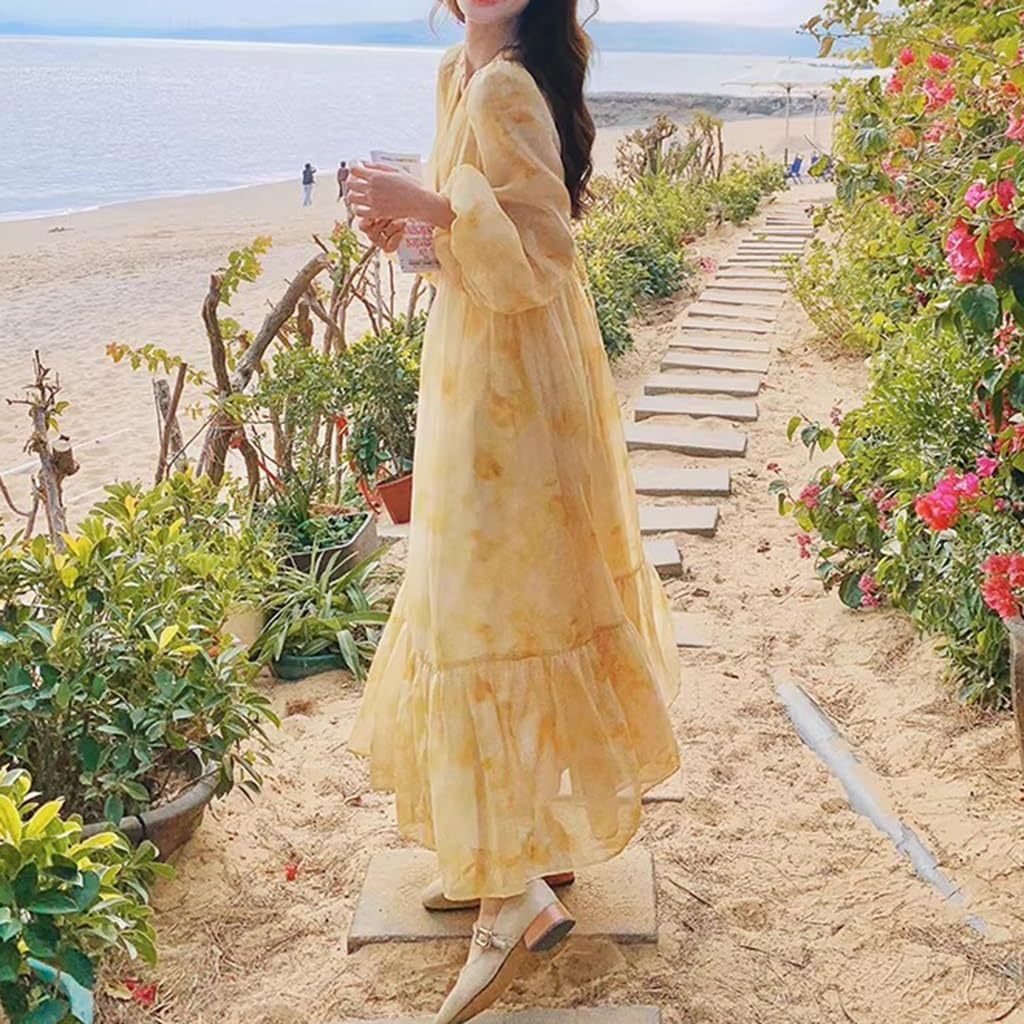 Abito Donna Francese con Stampa Ombre, Abito Lungo da Spiaggia con Volant E Scollo A V Primavera/Estate, Maniche A Palloncino/Vita Alta