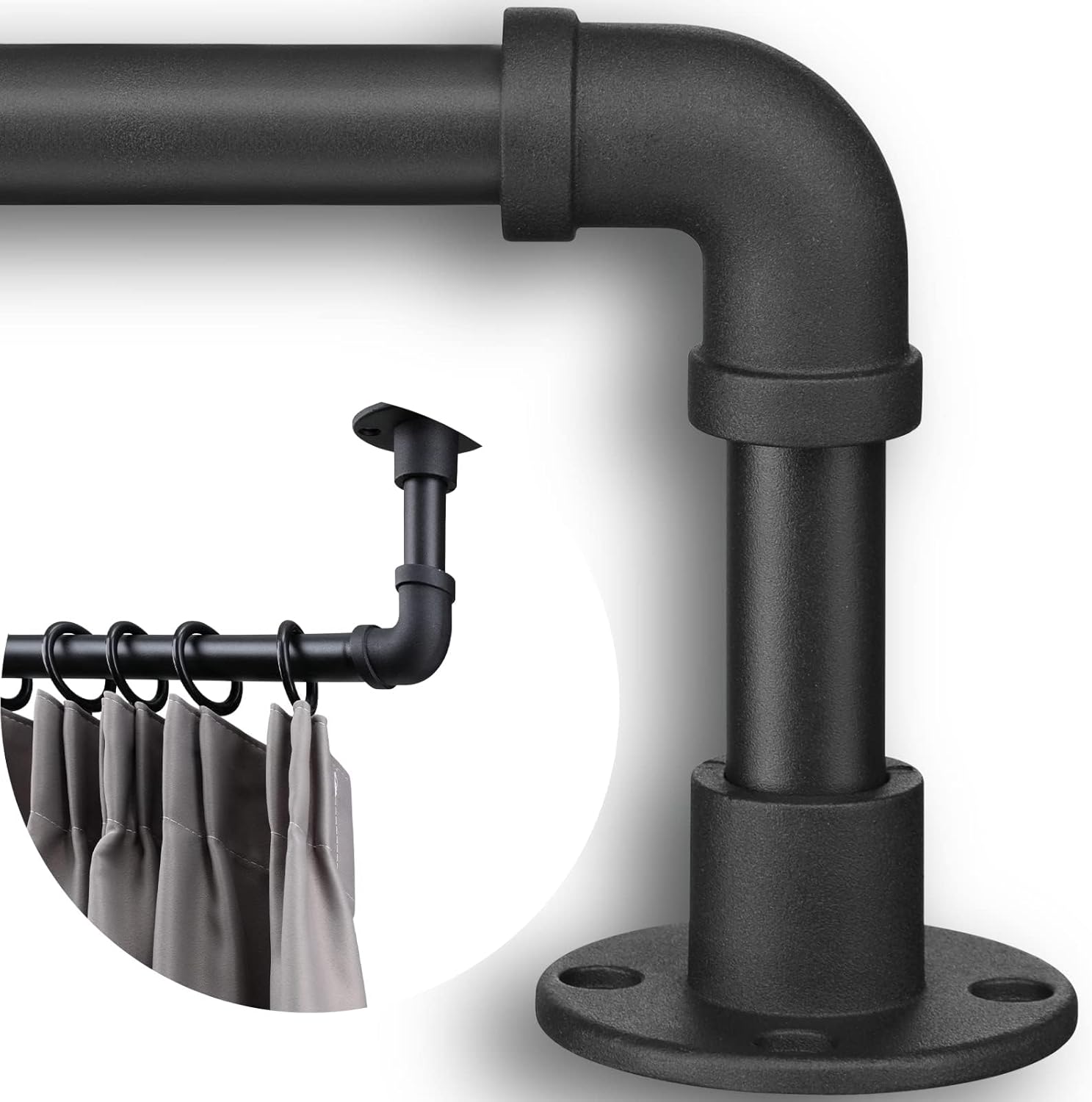 Industrial Curtain Rods - Matte Black Pipe Curtain Rod for Windows 48 to 100 inch - 1 Inch Heavy Duty Blackout Curtain Rod Set for Room Divider - Outdoor Rustic Wrap Around Curtain Rods for Patio