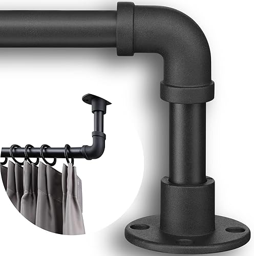 Miniatura 8 de Barra de cortina rústica – Barra divisora ajustable para ventanas de 28 a 48 pulgadas – 1 pulgada negro industrial envolvente al aire libre barras