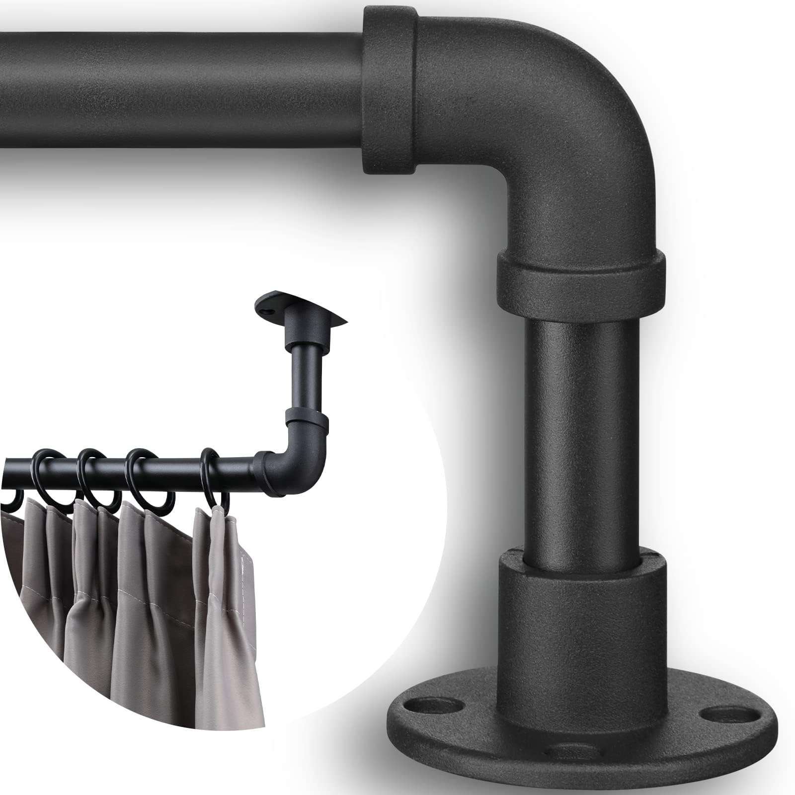 Industrielle Gardinenstangen – mattschwarze Rohr-Gardinenstange für Fenster 121,9 cm bis 254 cm – 2,5 cm robuste Verdunkelungsvorhangstange Set für Raumteiler – rustikale Gardinenstangen für den