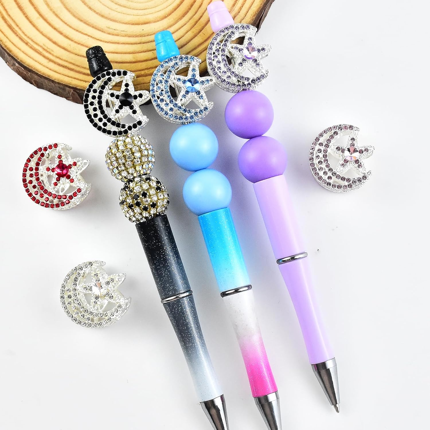 6Pcs Cute Star Moon Rhinestone Alloy Focal Beads for Pens Colorful Star Moon Spacer Beads for DIY Craft Beadable Pens Bracelet Necklace Earrings Keychain Jewelry Making - Image 4