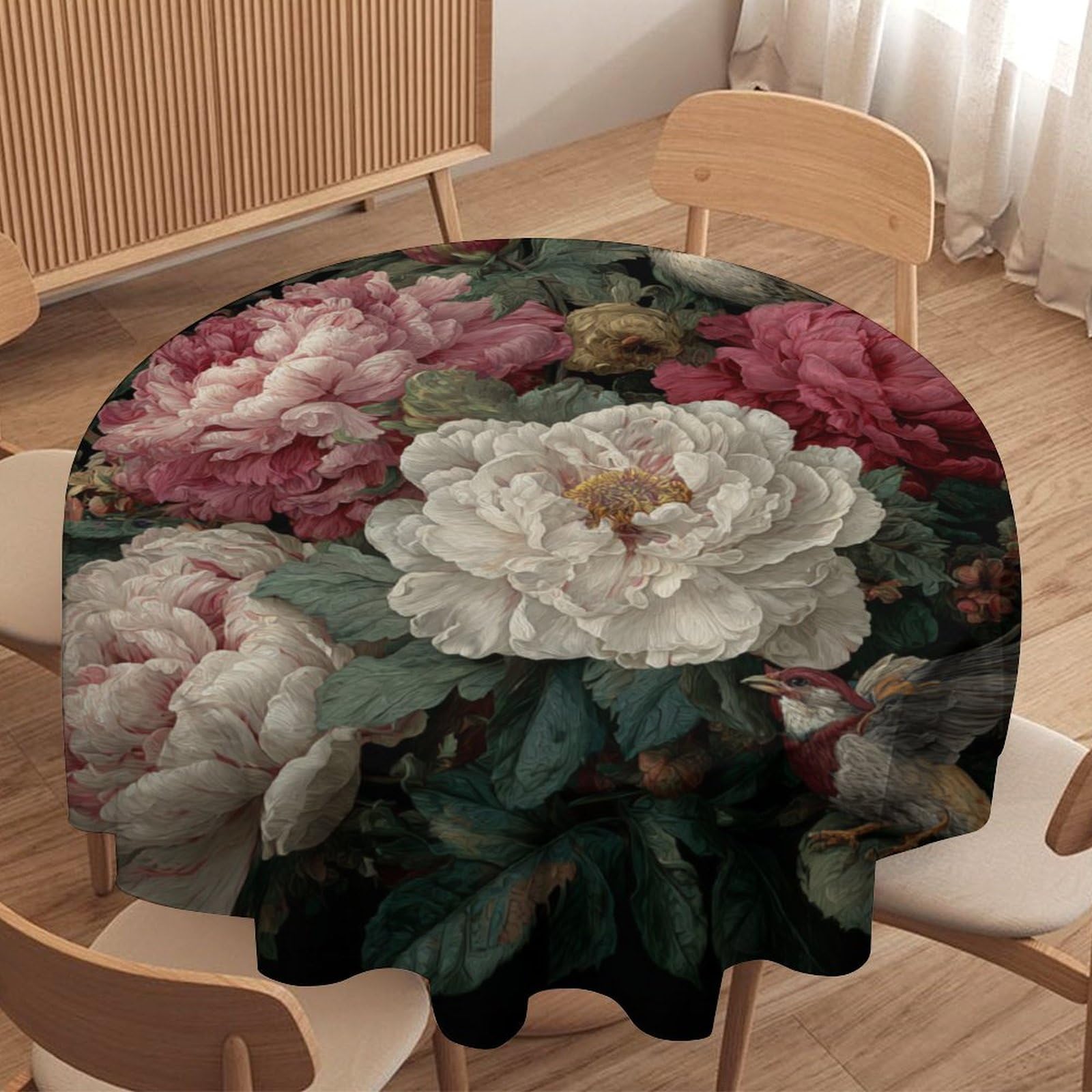 LUYYSKY Vintage Realistic Animal Birds Round Tablecloth Retro Aesthetic Botanical Plant Floral Animal Bird Pattern Washable Decor for Table Cover for Kitchen-91.4" Wx91.4 L cm