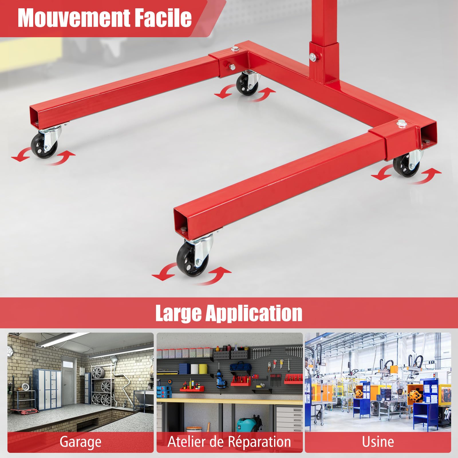 GYMAX Support de Moteur, Capacité 680 Kg, Support Moteur avec Tête Rotative à 360°, 4 Bras Réglables, 4 Roues Universelles, Support Moteur Robuste pour Atelier de Réparation Automobile, Garage