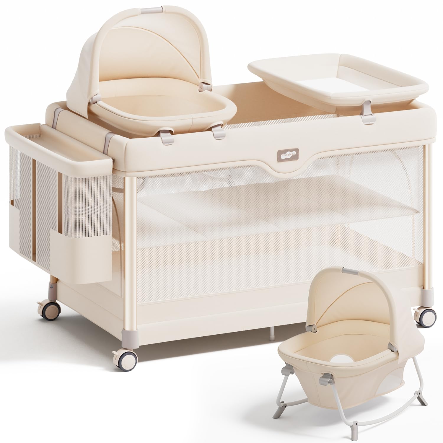 Pamo Babe 6-in-1 Pack and Play with Bassinet – One-Step Setup Baby Bassinet, Portable Playard, Travel Crib with Mattress, Changing Table, Storage Bag & 4 Wheels Travel Playpen for Baby (Beige)