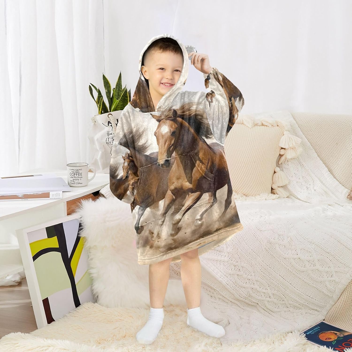 Running Horses Wearable Blanket Hoodie for Kids Oversized Sherpa Hooded Blanket Cozy Warm Gift