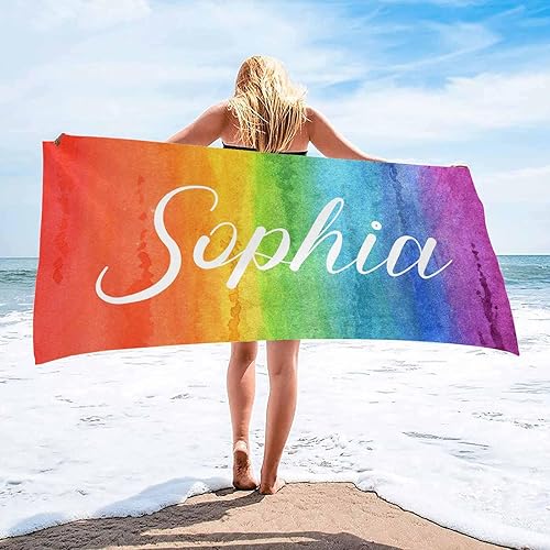 Miniatura 1 de Toallas de playa personalizadas con nombre en acuarela, arco iris, toalla de playa de algodón personalizada para niñas, niños y adultos, regalos de