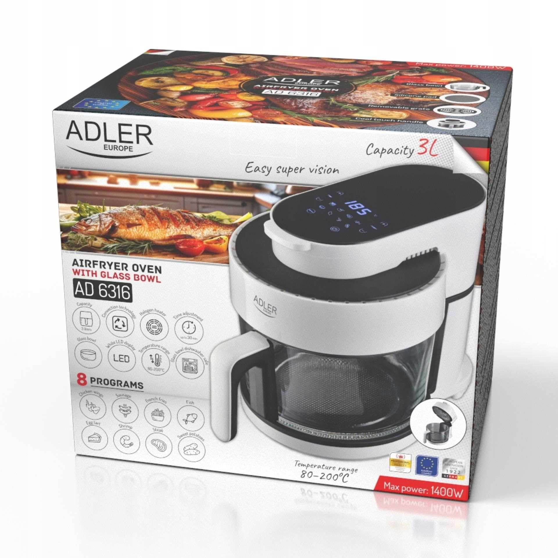 ADLER Air Fryer - Horno con cuenco de cristal 3L