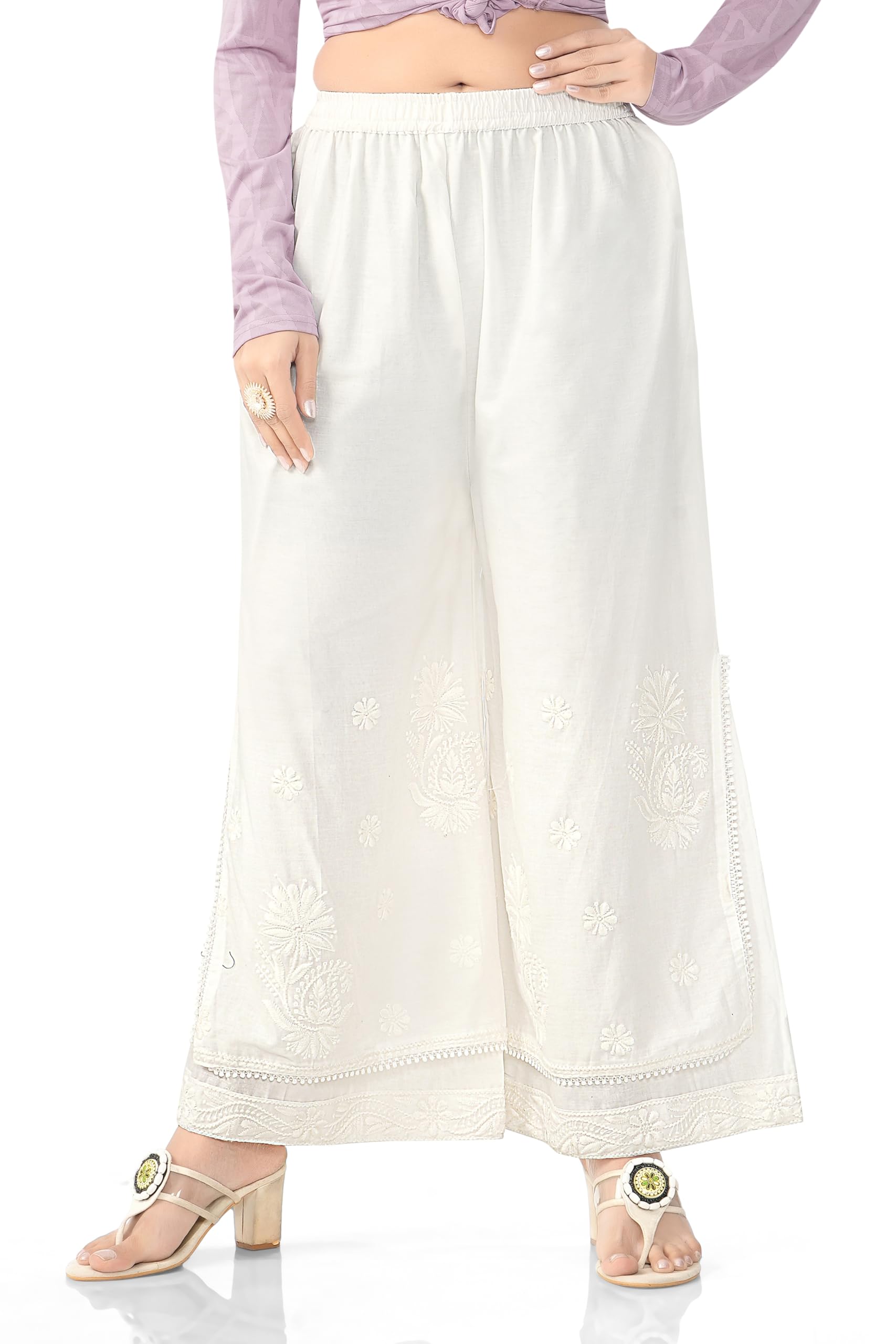 Women's White Chikankari Embroidered Wide-Leg Palazzo Pants, Elastic Waist, Floral Design-picture-13