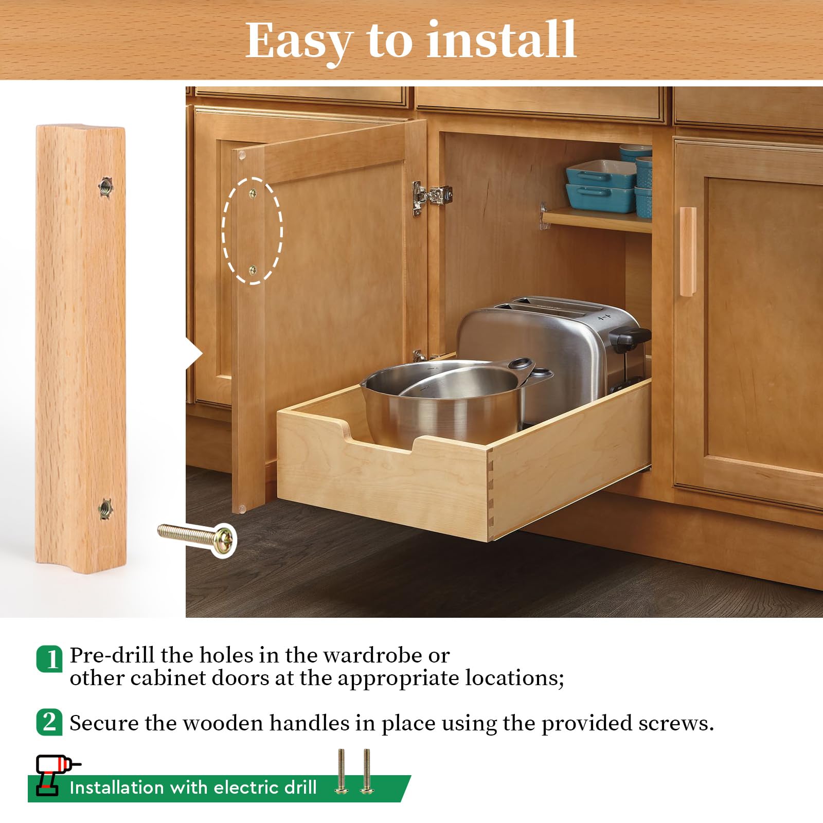 10 Pomelli Cassetti In Legno Faggio 96mm - Maniglie Per Mobili Cucina, Armadi E Credenze, Moderni E Facili Da Installare