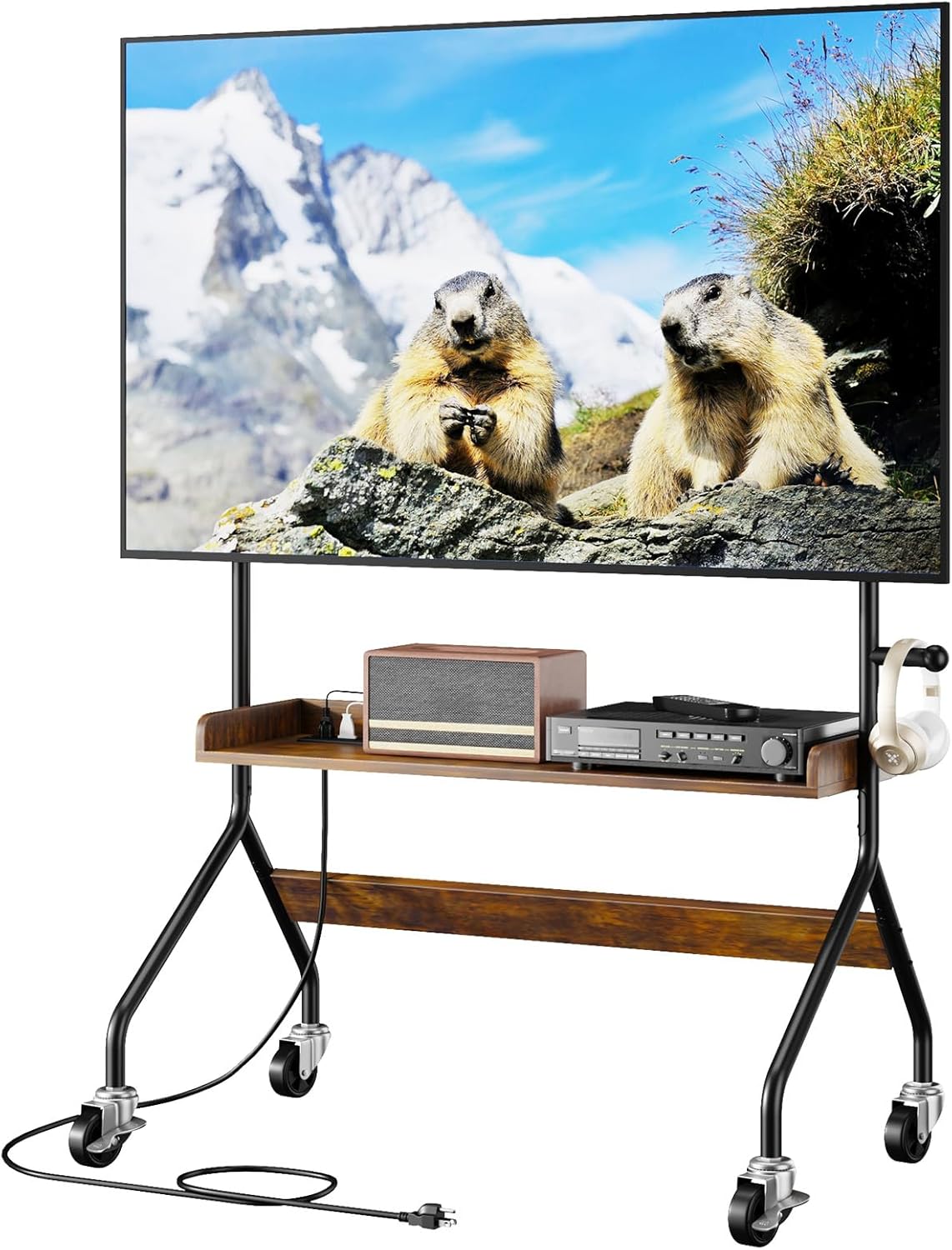 Rolling TV Stand with Power Outlet, Mobile TV Cart for 32-75 Inch TV Screen up to 110 Lbs, Easel Portable TV Stand on Wheels with Shelf for Bedroom, Corner, Living Room - V1