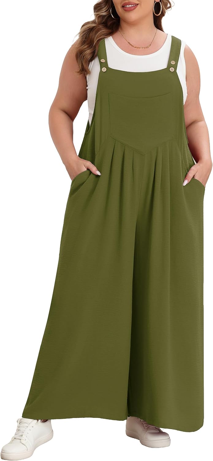 Lastshe Plus Size Jumpsuit for Women Casual Wide Leg Overalls Loose fit Adjustable Rompers with Pockets 2024
