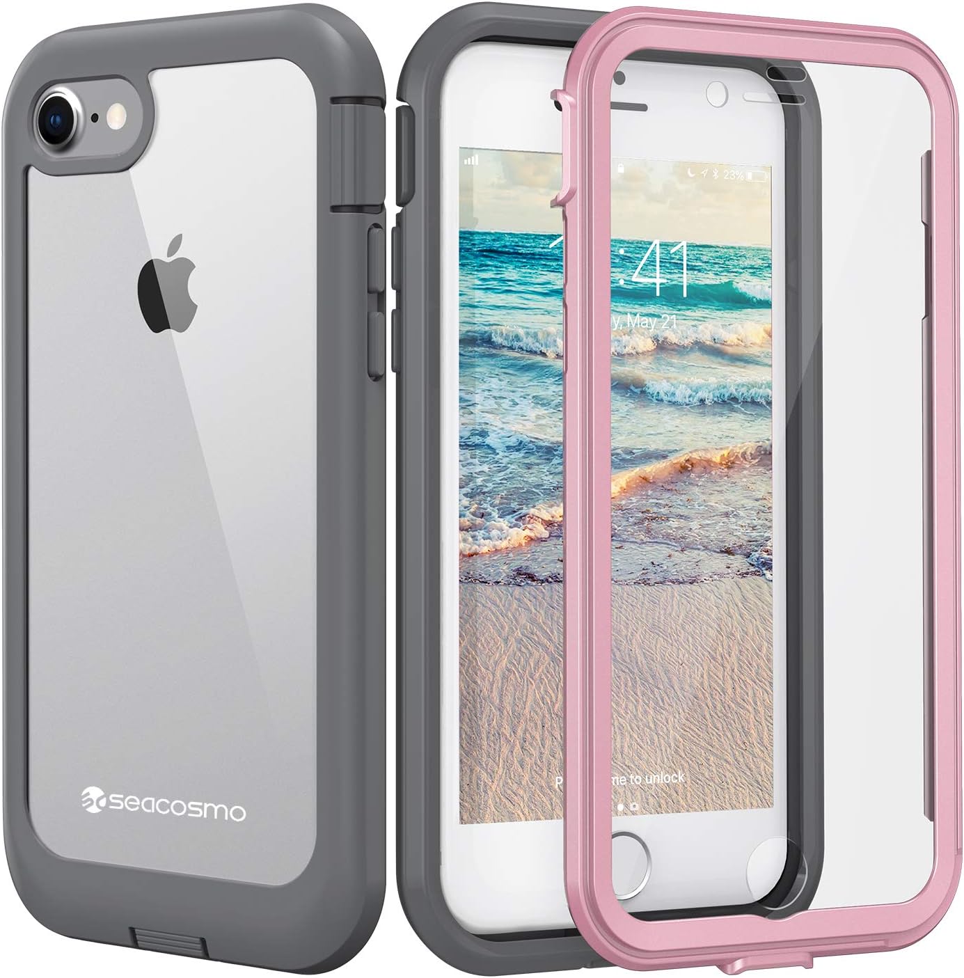 seacosmo iPhone SE 2020 Case, iPhone 7/8 Case, Dual Layer Clear Case with Built-in Screen Protector Full-Body Protective Bumper Case for iPhone SE 2020, iPhone 8/7-Clear/Pink