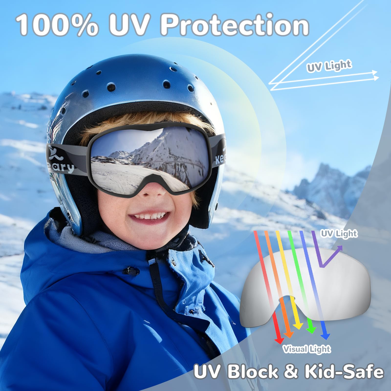 Keary Lunettes de ski pour enfants de 3 à 14 ans, lunettes de neige avec protection UV à 100 %, anti-buée