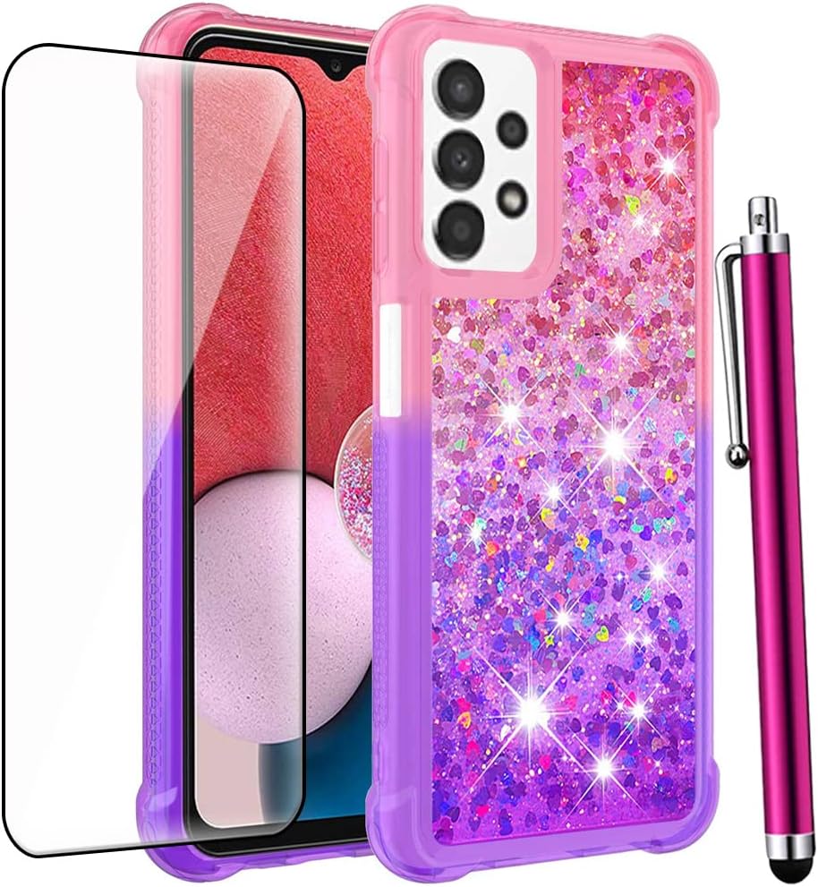 for Samsung Galaxy A13 4G Case (Not Fit A13 5G) with Glass Screen Protector,Women Girls Cute Glitter Bling Floating Liquid Sparkle Soft TPU Protective Phone Cover for Galaxy A13 4G-Pink Purple