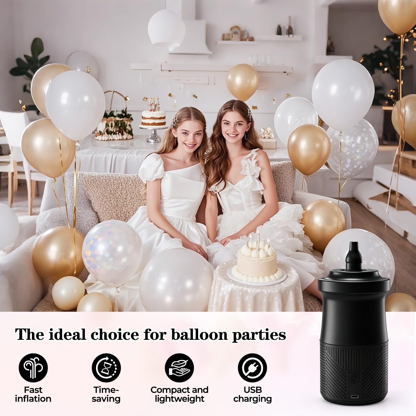 Bomba eléctrica portátil para globos, inflador de globos 2 en 1, 2000 mAh, infla y desinfla con boquillas largas y cortas para fiestas de cumpleaños, bodas, decoraciones de globos de Navidad