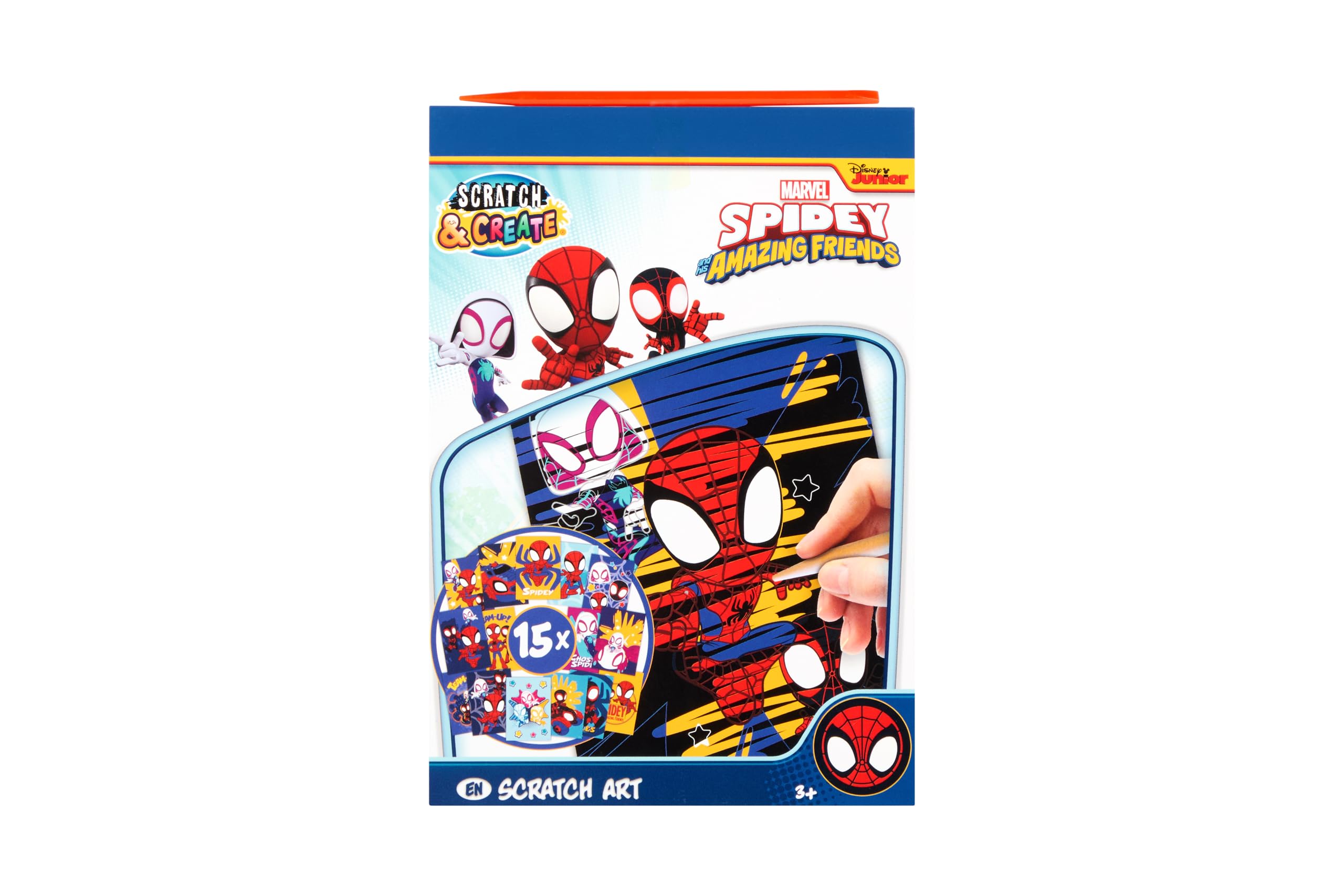 Disney Store Marvel Spidey książka do zdrapywania książka A5 dla dzieci | Scratch Art książka do majsterkowania z 15 motywami w formacie A5 | w zestawie drewniany pisak do zdrapywania | efekt tęczy |