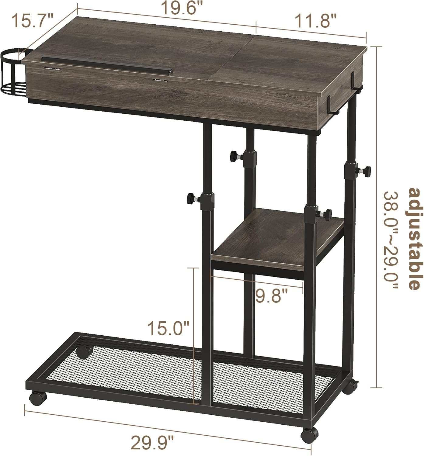 ChooChoo Overbed Table Adjustable Height, Mobile Laptop C Shaped Rolling Desk, Bedroom Living Room Couch Table Grey