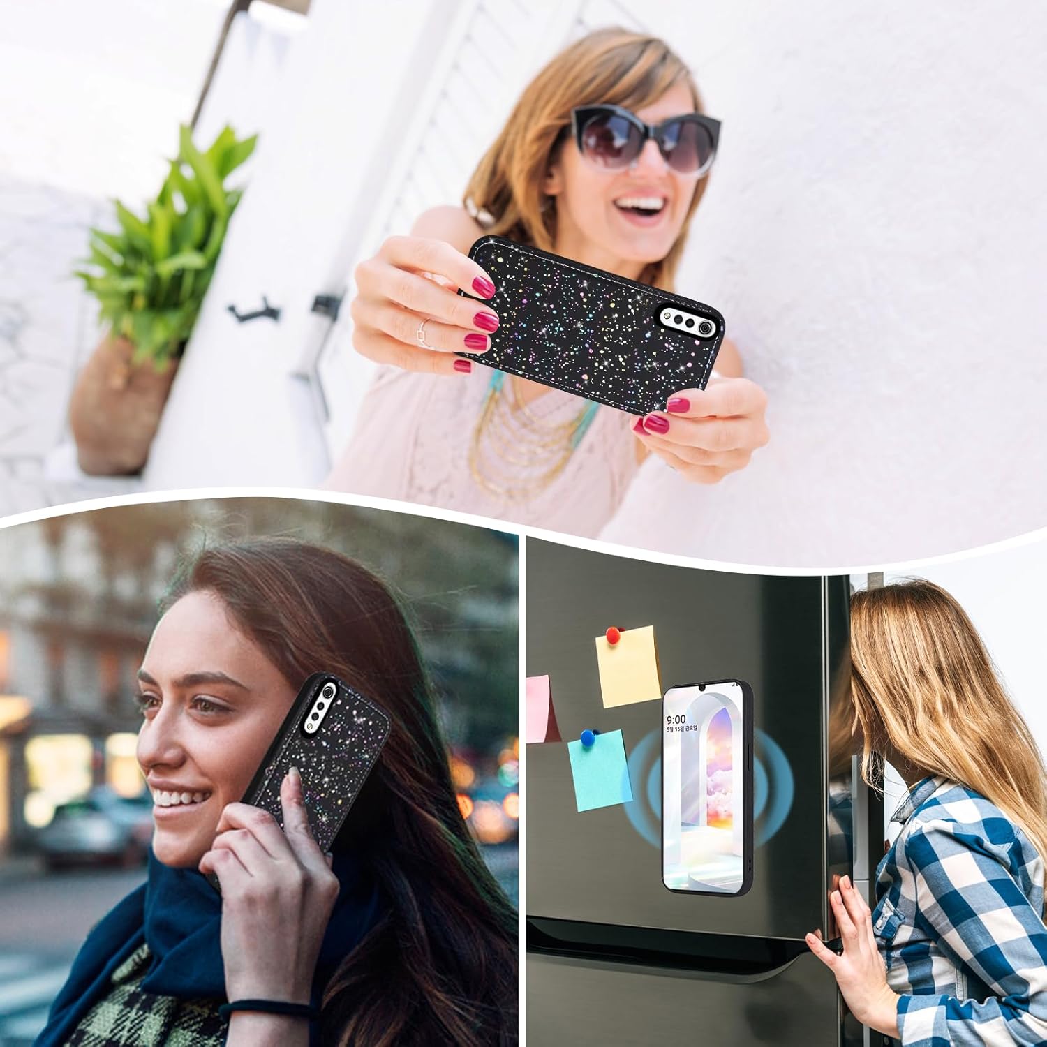 Phone Case for LG Velvet 5G/LGVelvet Verizon G5 UW T-mobile 2020 Zipper Wallet Magnetic Detachable Cover with Screen Protector and Glitter Card Holder Stand Cell LM G900UM 4G Tmobile Women Men Black