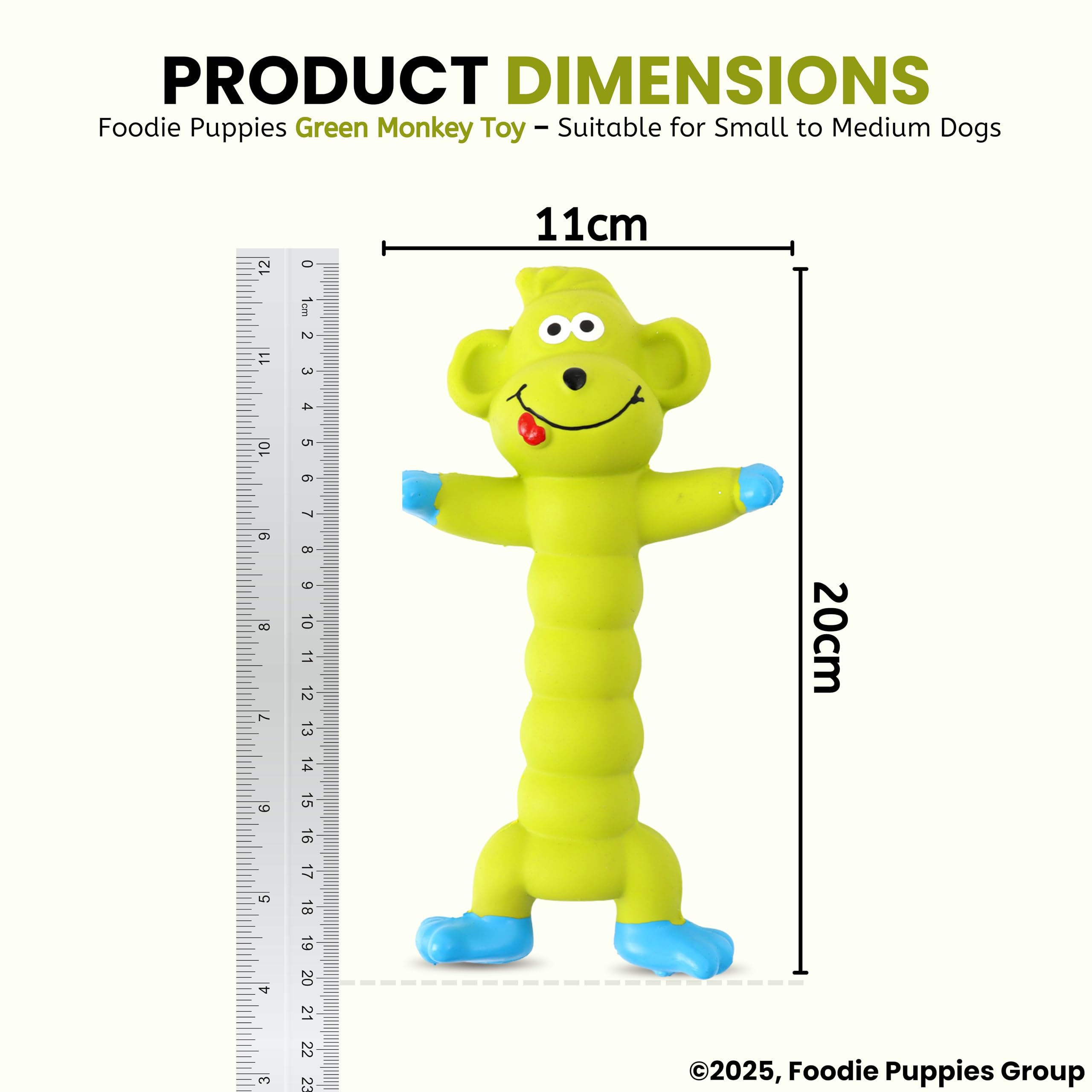 Foodie Puppies Interactive Latex Squeaky Chew Dog Toy - (Green Monkey, 20cm) | Small to Medium Dogs & Puppies | Durable, Rubber, Non-Toxic, Animal Design Playing & Fetching Pet Toy | Reduce Anxiety