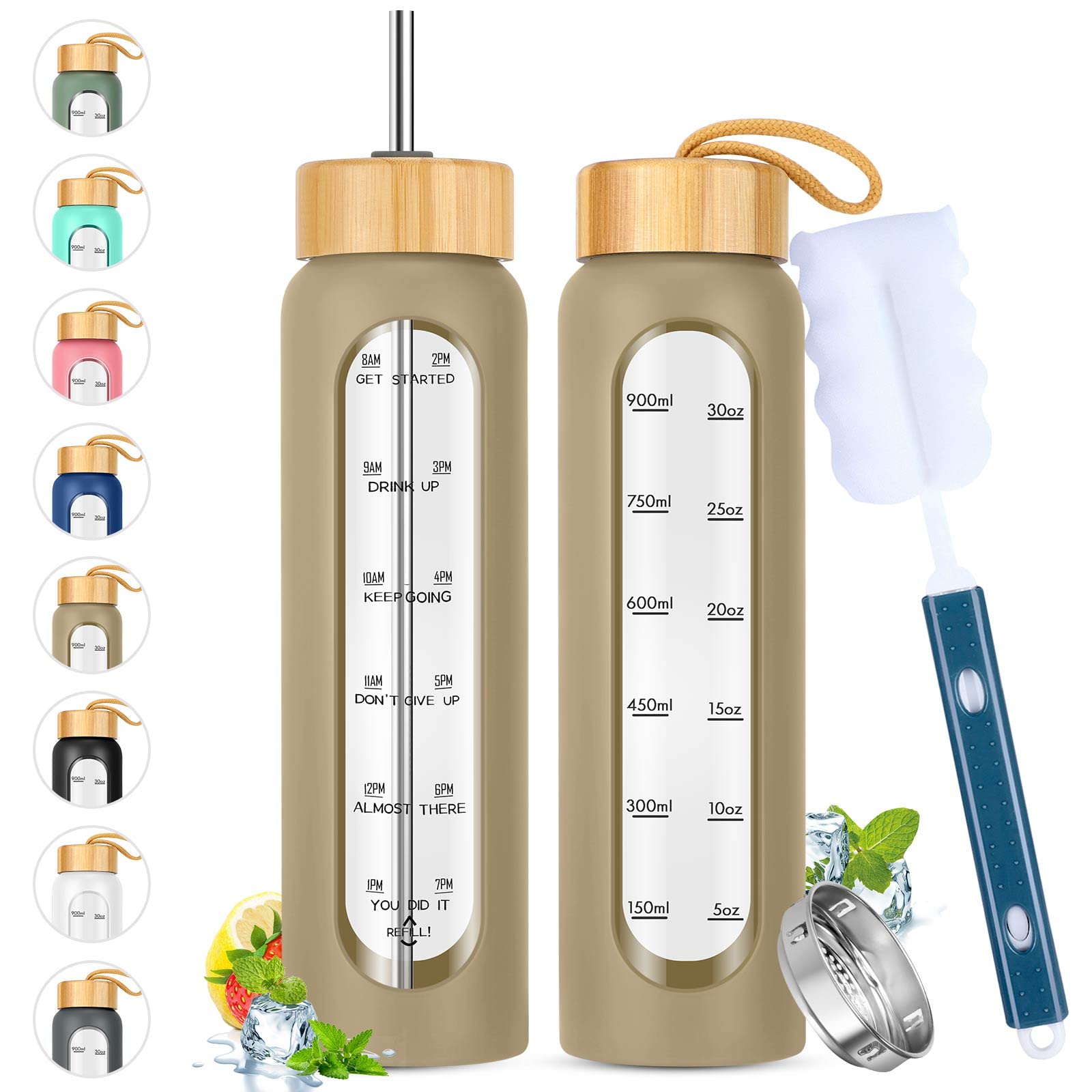 SipZest 32 oz Glass Water Bottle with Straw - Motivational Time Marker & Silicone Sleeve - Reusable Tumbler Includes 2 Bamboo Lids & Fruit Infuser - 1