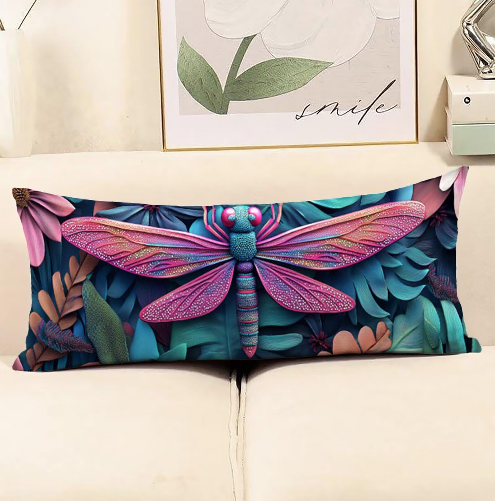 Różowe poszewki na poduszki na sofę 60 x 180 cm, aksamitna bawełniana miękka i oddychająca, poszewka na poduszkę łóżko z niewidocznym zamkiem błyskawicznym ważka poszewki na poduszki, wystrój na