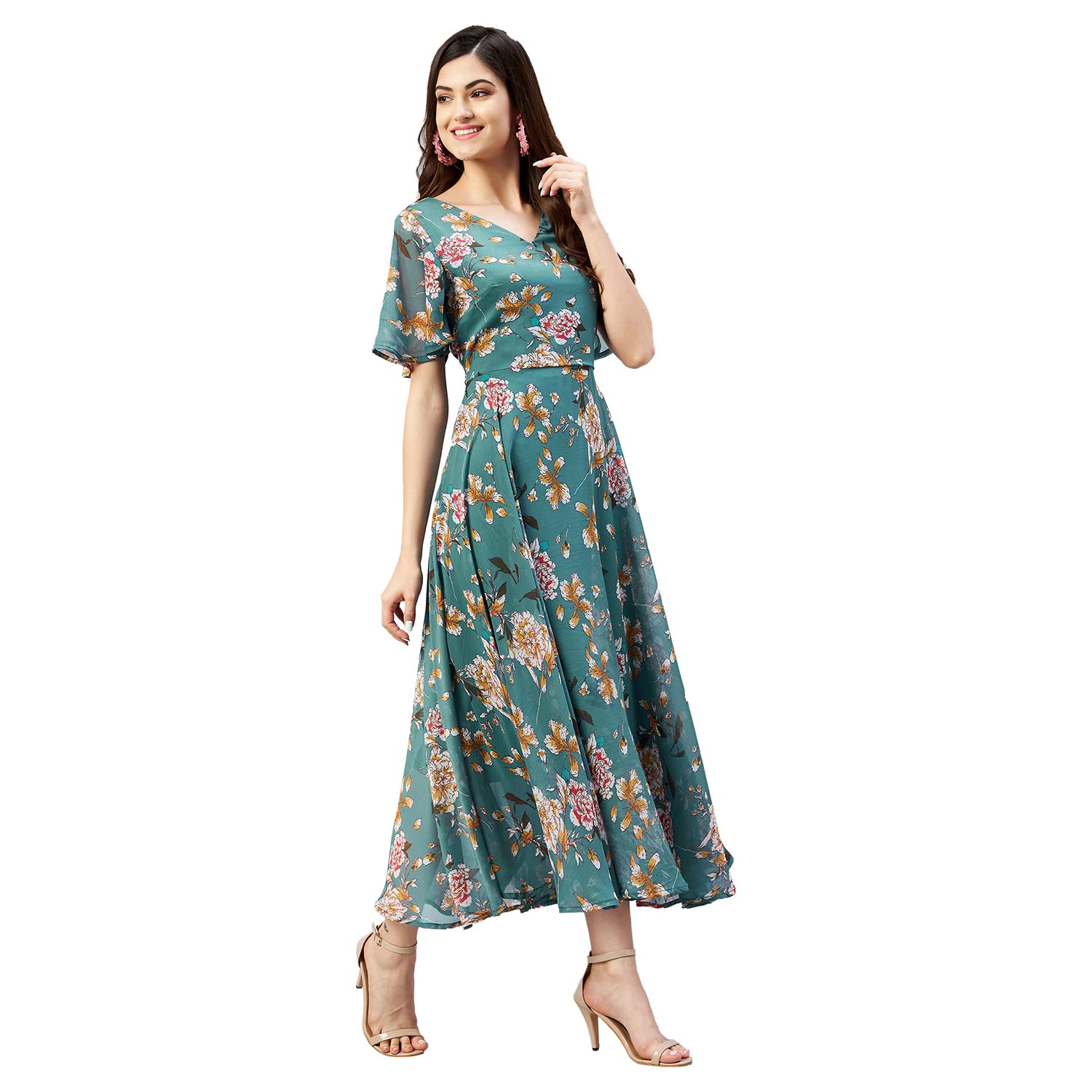 Rare Women Casual Teal Colour Calf Length Floral Fit And Flare Dress, Small