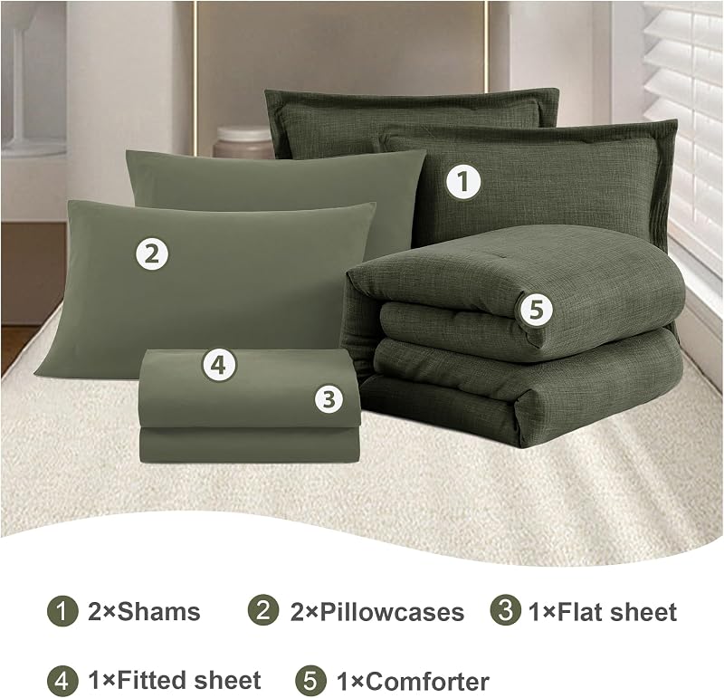King Comforter Set - 7 Pieces Green Textured Bed in a Bag King Bedding Set image 6
