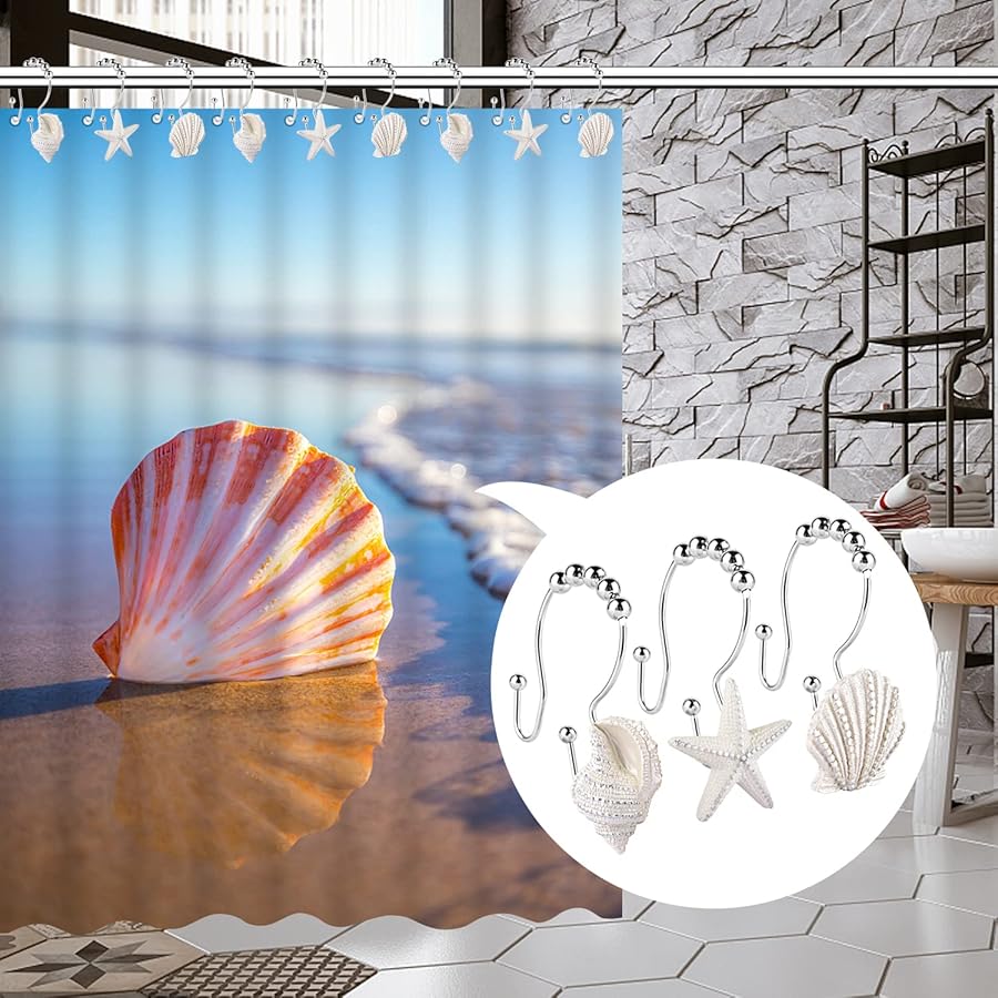 Decorative Shower Curtain Hooks,FINROS 12 Pcs Seashell Double Glide Shower Curtain Hooks for Bathroom and Living Room (White Seashell) - image 6