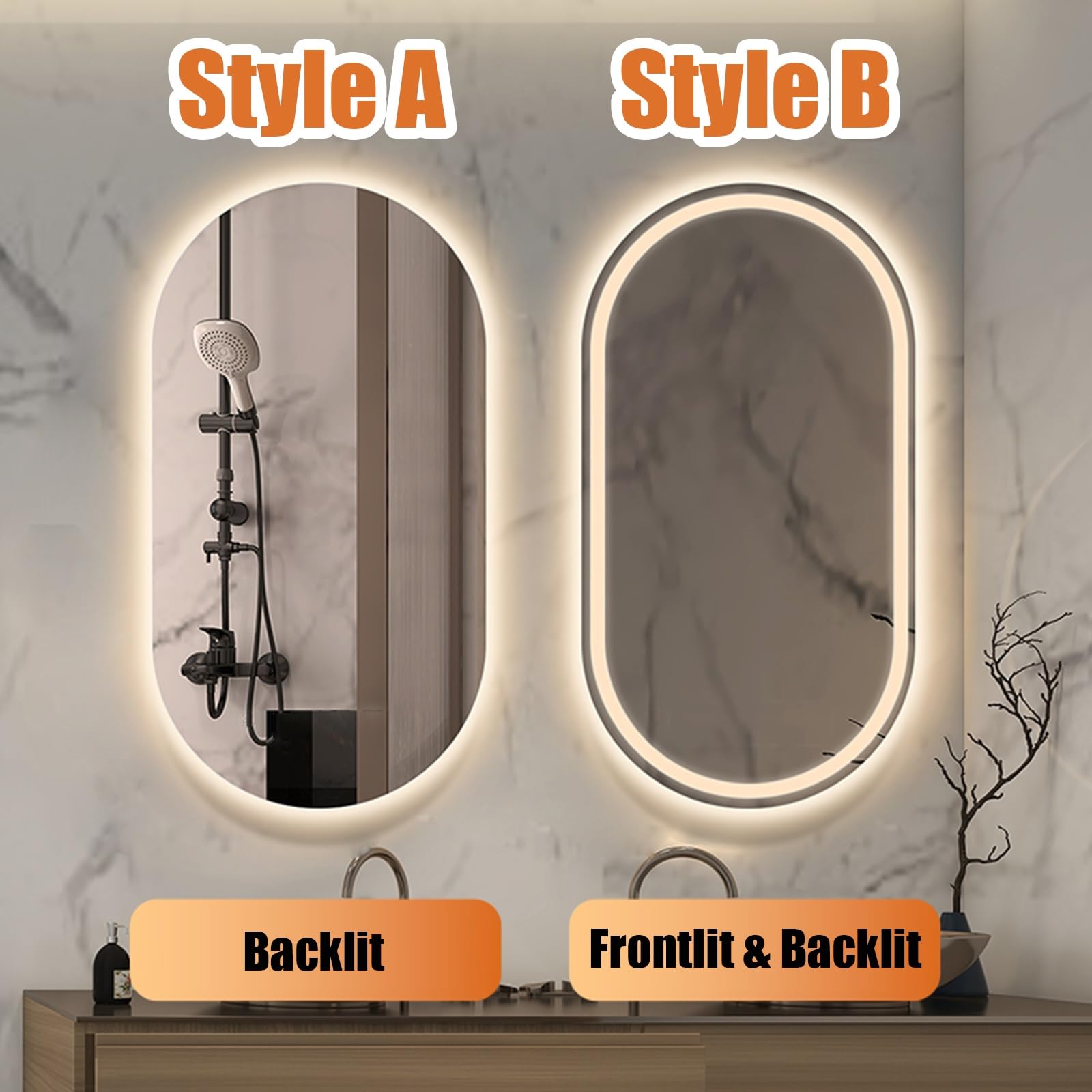 Espejo De Tocador LED Ovalado para Baño,Espejo con Iluminación: Luz Blanca|Luz Cálida,Espejos De Pared,Espejos De Maquillaje con Iluminación(Style B-White Light,50x90CM)