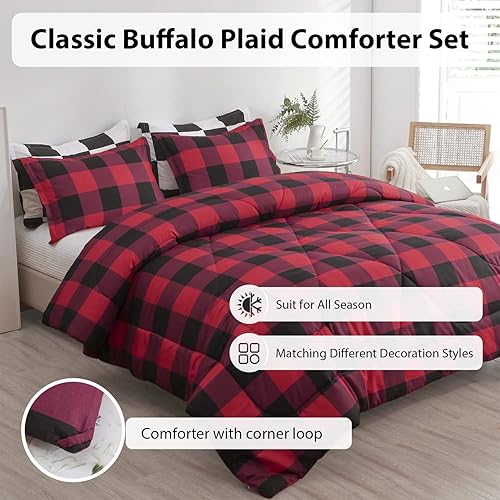 Miniatura 4 de LUCKYBULL Juego de edredón tamaño matrimonial de 3 piezas, juego de ropa de cama esponjoso a cuadros rojos, edredón alternativo a cuadros de búfalo
