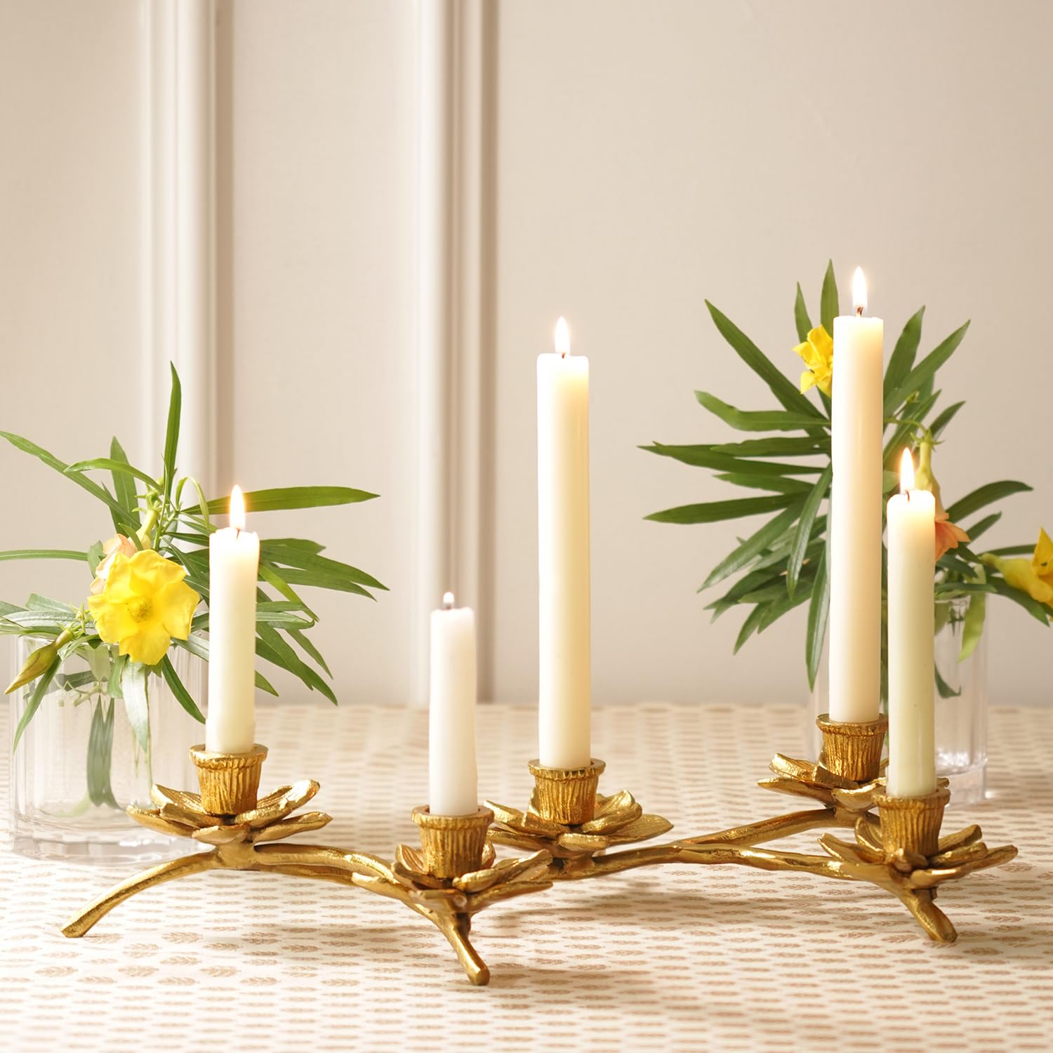 Pure Home + Living Gold 5 Arm Flower Taper Candle Holder Gothic Decorations Candlesticks Holder Home Decor Wedding Parties Centerpiece for Dining Table and for Diwali Decor (Pack of 1)-image-28