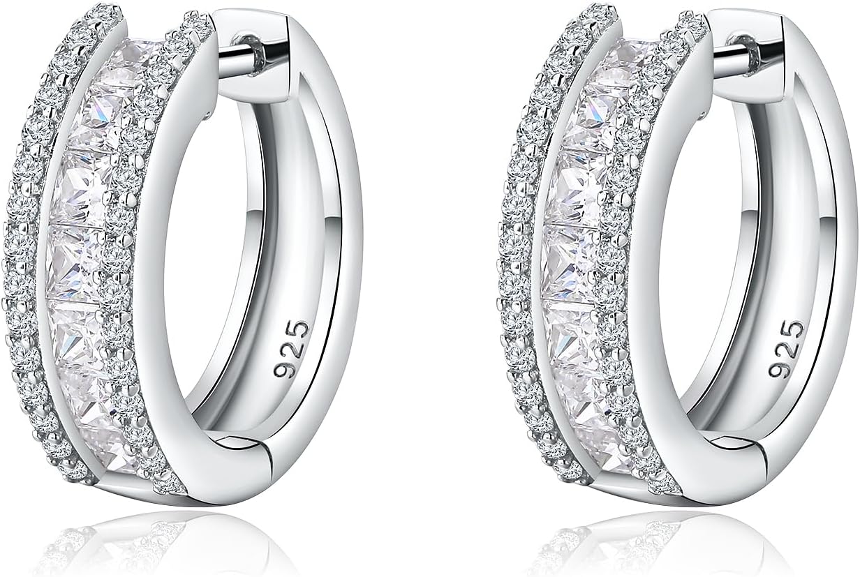 925 Sterling Silver Small Hoop Earrings for Women Colorful Created Gemstone Cubic Zirconia Chunky Huggie Hoop Earrings