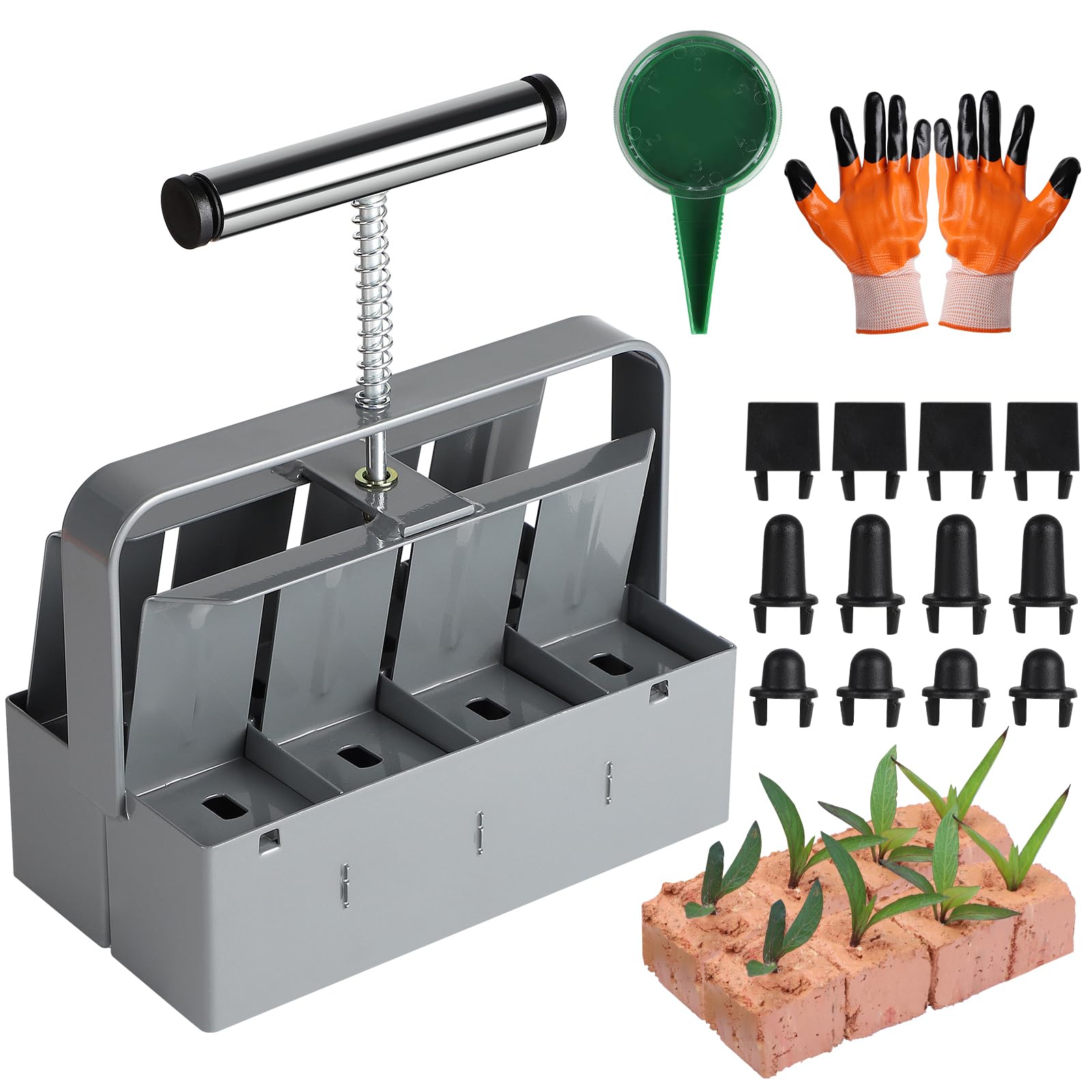efuturetime Presse Motte pour Semis, pour 8 Bloc de Sol de 4.5x5cm, Bloqueur de Sol Manuel avec Semoir à Graines et Gants, Bouchon Plastique Remplaçable, pour Plantation Transplantation, Gris