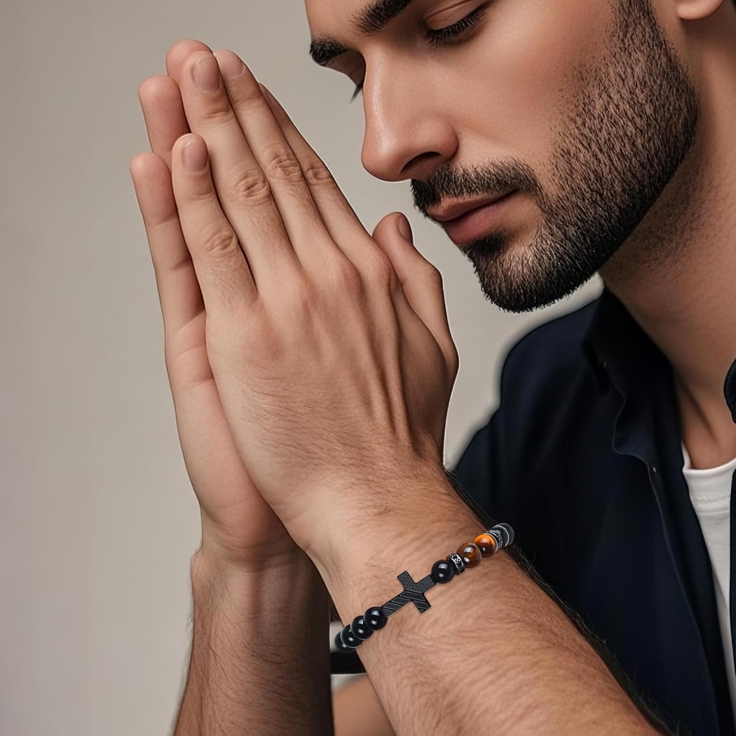 Cross Bracelet for Mens Gifts - 8mm Tiger Eye Natural Beads, Stainless Steel Cross Pendant Charm, Religious Christian Easter Baptism Christmas Bracelets Jewelry for Dad Husband Brother - Image 4