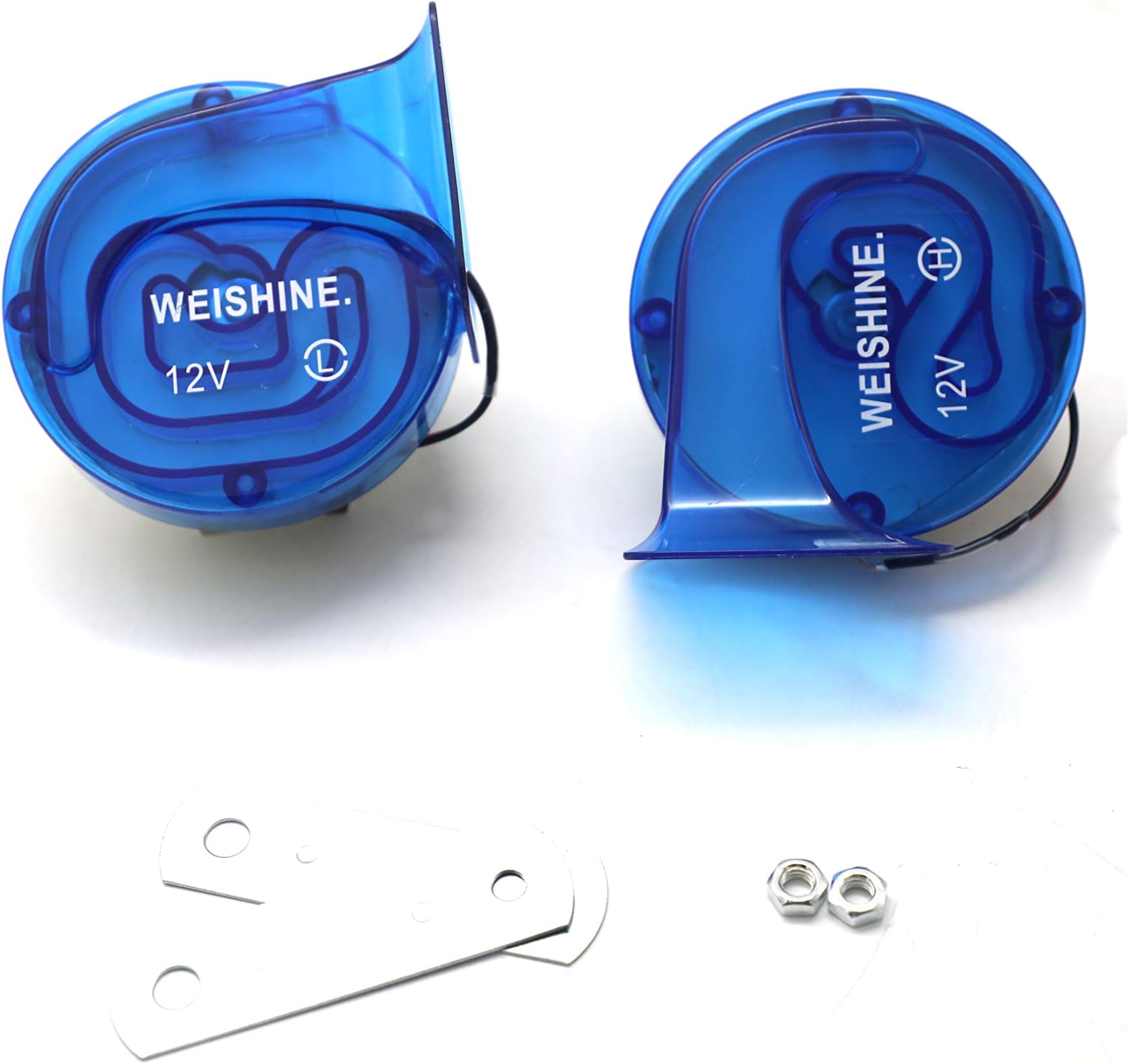 weishine 2 Pcs Car LED cycle light Horn transparent blue Universal 12v Loud Dual-tone Snail Electric Horn 120db for Car Truck Motorcycle