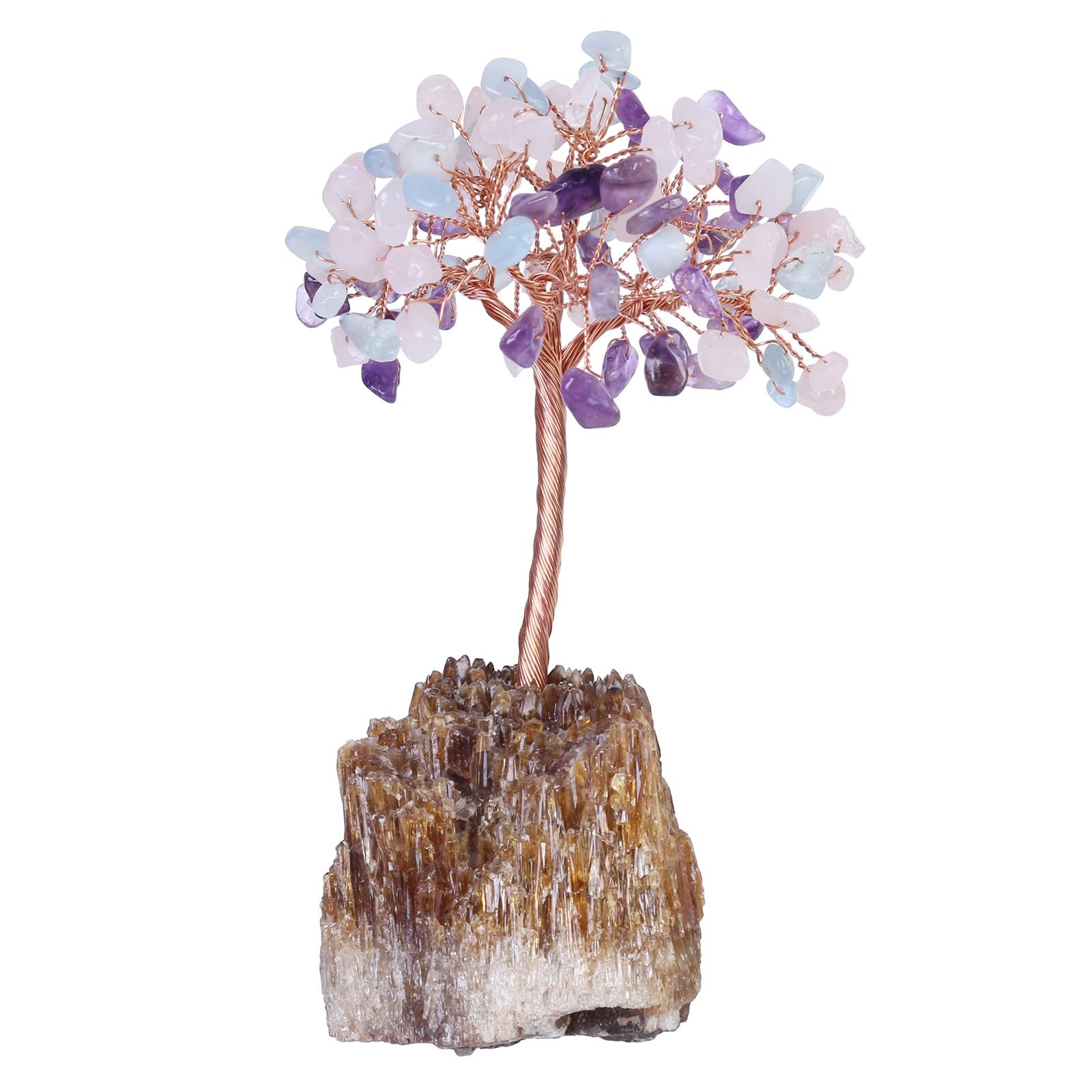 mookaitedecor Amethyst & Rose Quartz & Aquamarine Healing Crystal Tree on Amber Calcite Cluster Base Feng Shui Money Tree Ornament for Home Semi Precious Gemstone Bonsai Tree Gift Reiki Room Decor