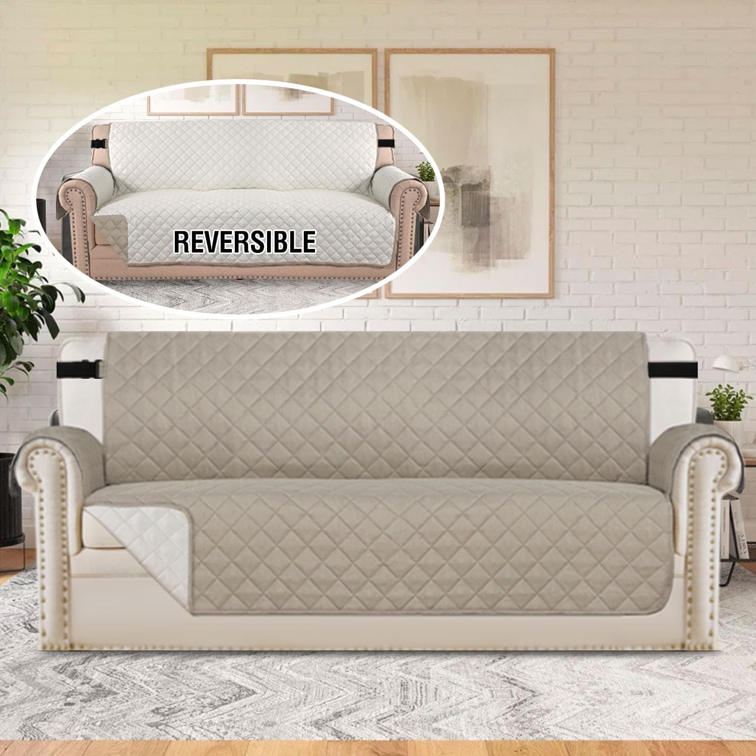 H.VERSAILTEX Water Resistant Couch Cover for 3 Cushion Couch Reversible Sofa Slipcover Quilted Furniture Protector with Elastic Strap Non Slip Sofa Cover for Dogs Pets(Oversized Sofa, Khaki/Beige)