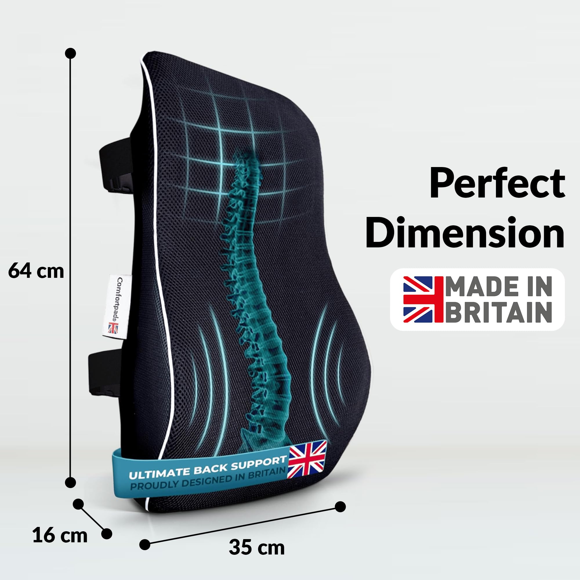 Comfortpad - Cojín de apoyo lumbar | Espuma viscoelástica para aliviar el dolor de espalda | Soporte ergonómico de espalda completa | Para silla de oficina, coche y hogar | Cubierta de malla