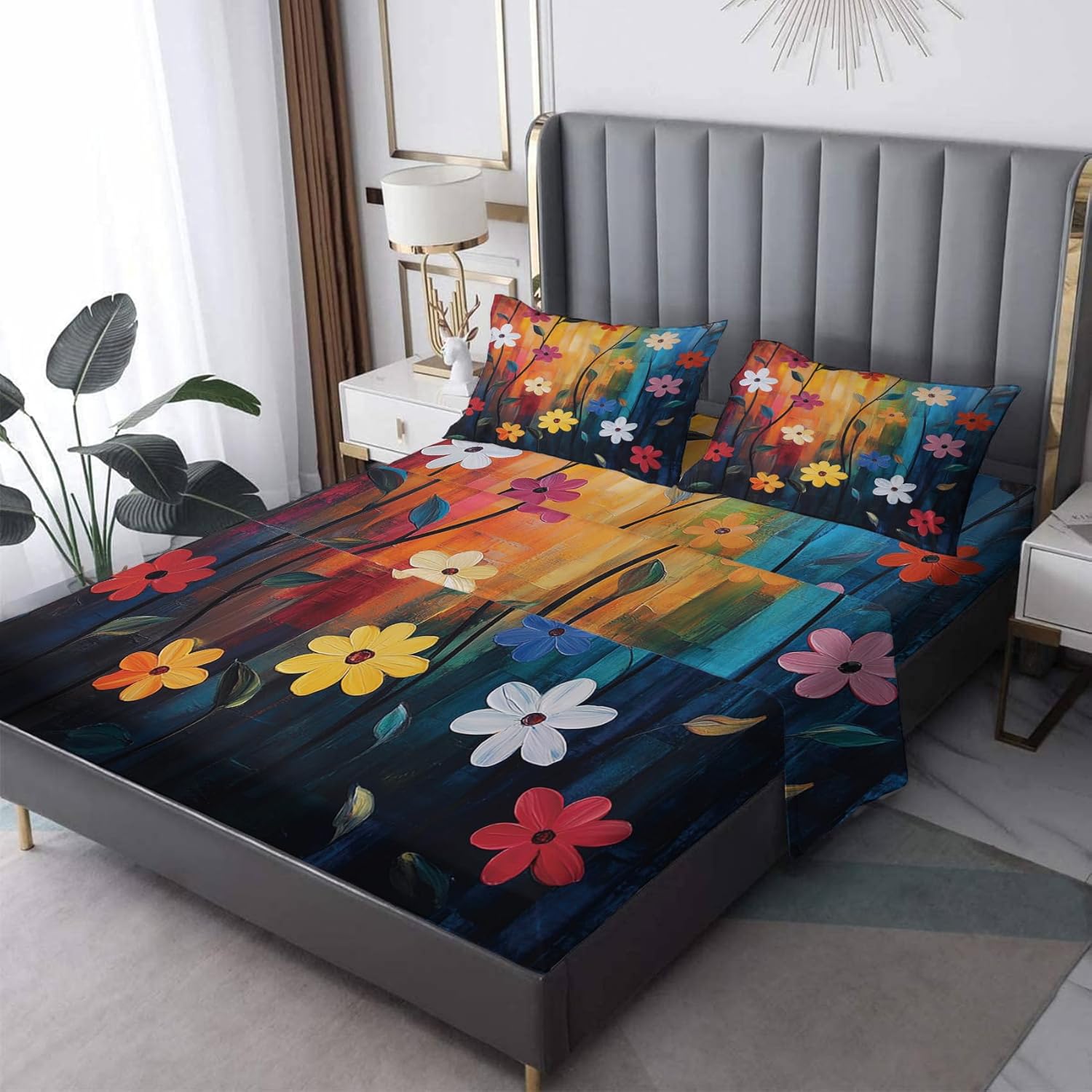 Red Poppy Sheets Queen Size Sheet Set, Floral Printed Bed Sheets 4 Piece, Popies Flower Pattern Bedding Sheets & Pillowcases, 16 Inch Deep Pocket, Super Soft Microfiber