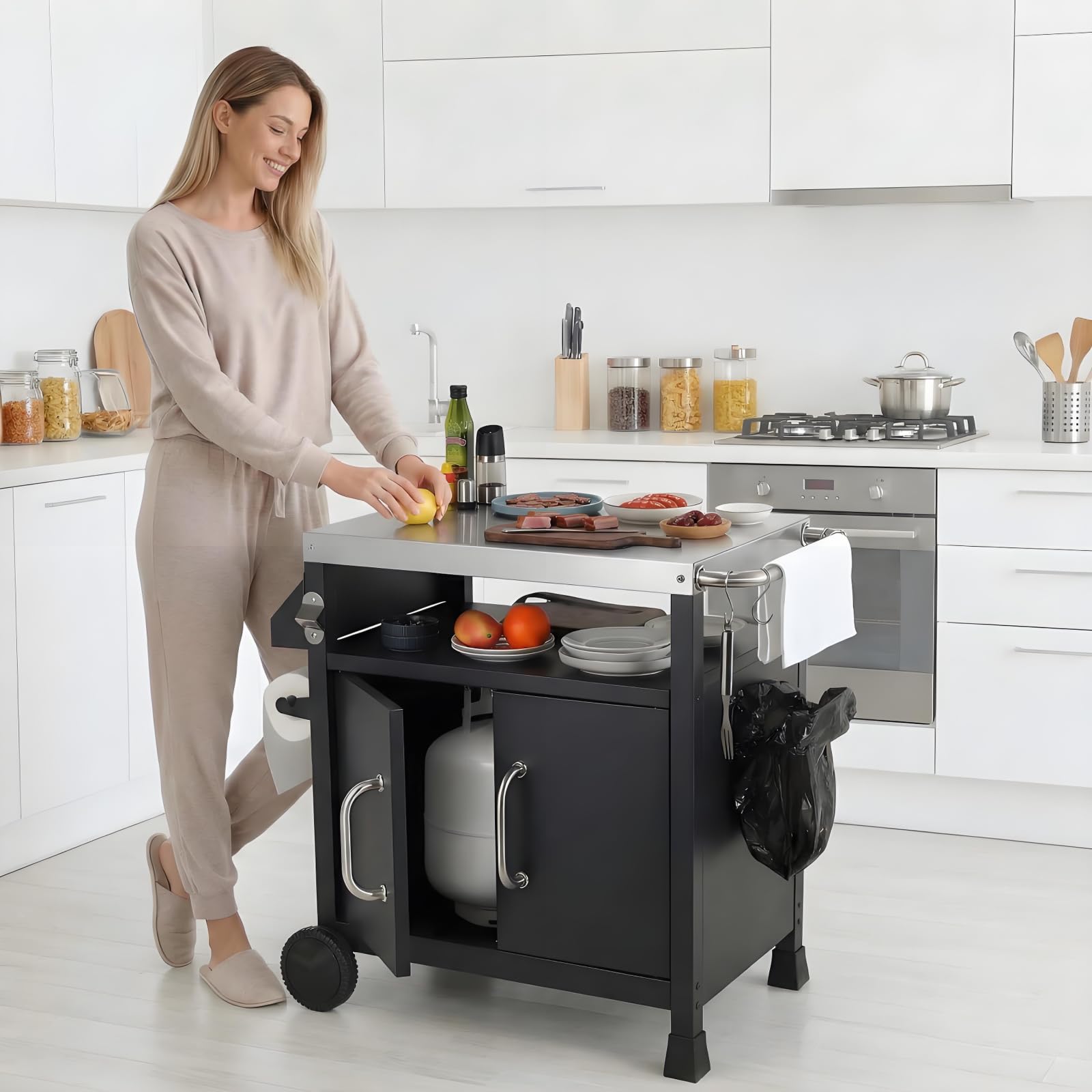 LIFERUN Carrito para Barbacoa Inoxidable,Carro de Barbacoa con Armario 2 Ruedas Ganchos,Carrito de Servicio Exterior,Mesa Auxiliar BBQ,Carro Cocina Superficie Trabajo Tnox,Picnic Fiesta Jardín Camping