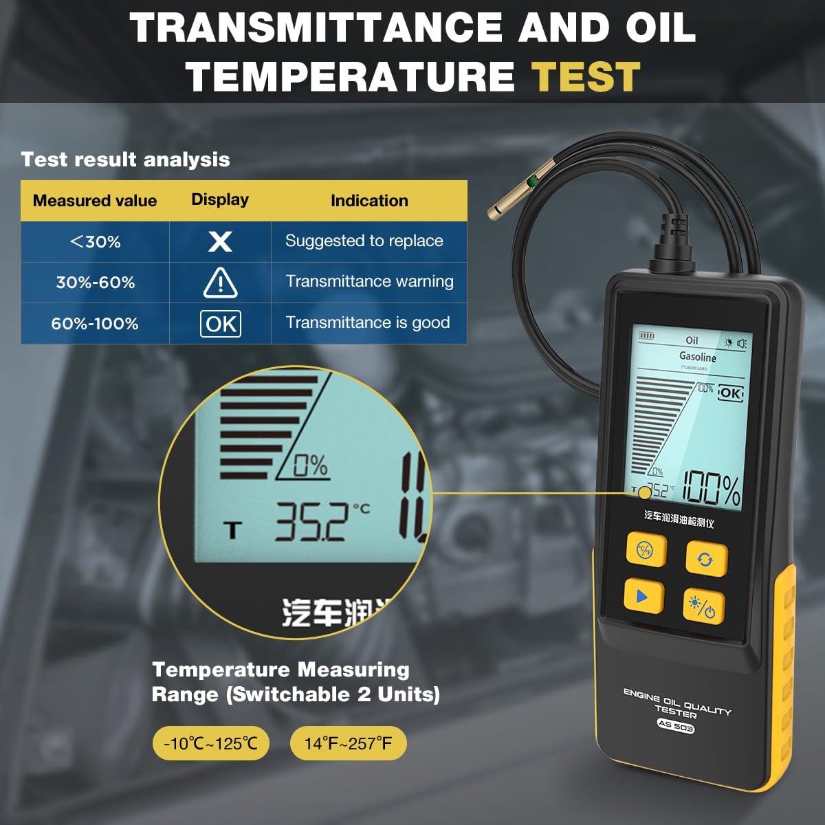 Probador de calidad de aceite de motor, probador de transmitancia de aceite, kit de prueba de calidad de aceite de motor diésel, detector de aceite lubricante para automóviles, medidor digital de