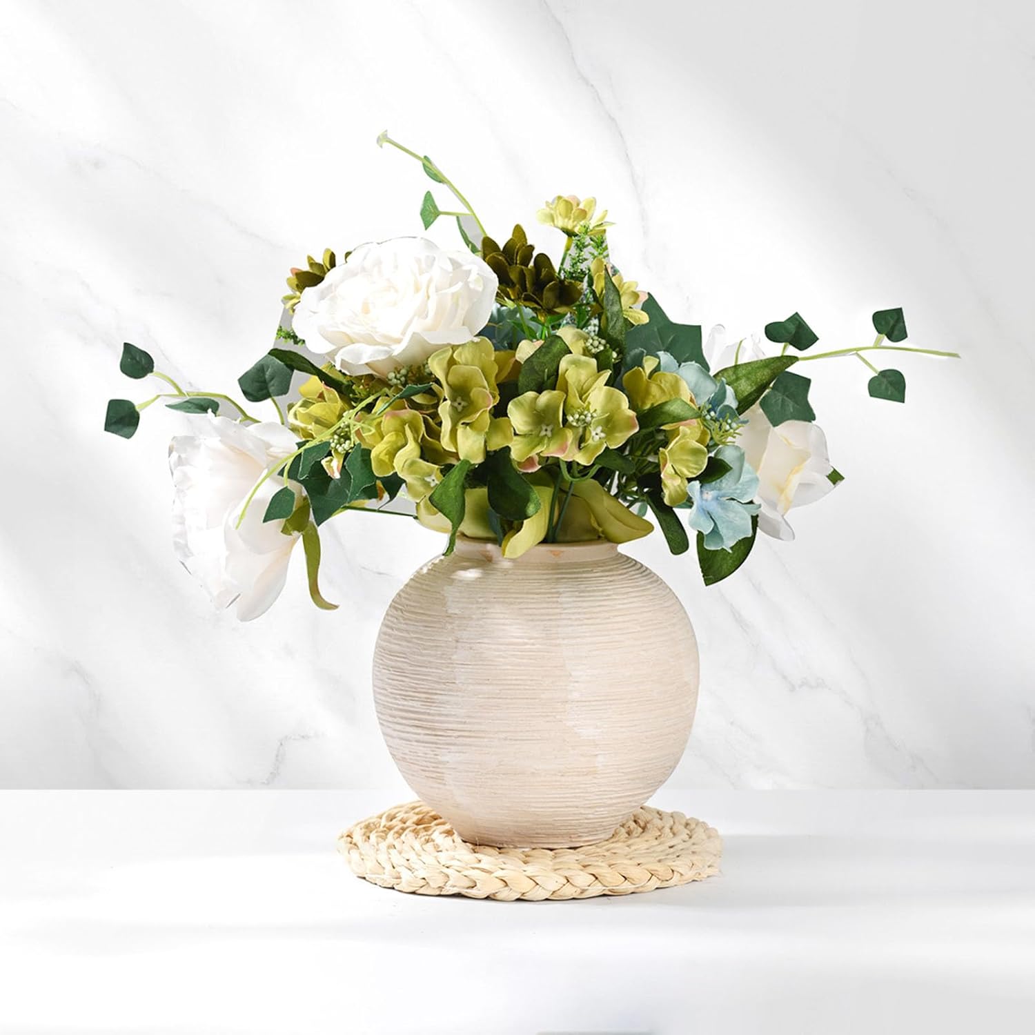 Rustic Farmhouse Vase Home Decor - 6 in Ceramic Boho Decorative Vase for Decor, Round Clay Whitewashed Terracotta Bowl vase for Living Room, Table, Shelf, Centerpieces - Image 5