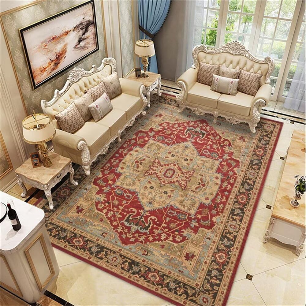 Tapis chambre ado fille rouge à motif carreau de ciment pour salle à manger