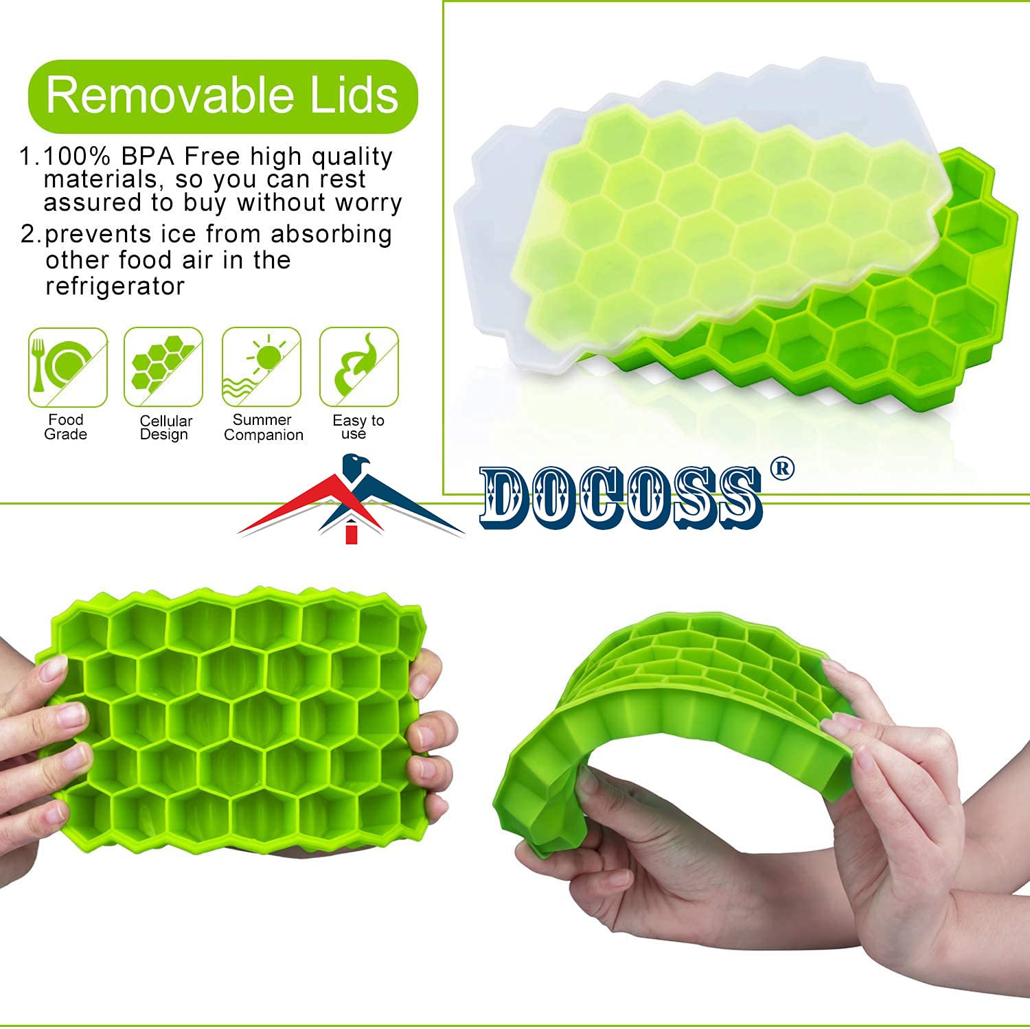 DOCOSS Paquete de 3 moldes de silicona para cubitos de hielo de alta calidad, bandeja de hielo de silicona de 37 cavidades para congelador, bandejas de cubitos de hielo con tapa (multicolor)