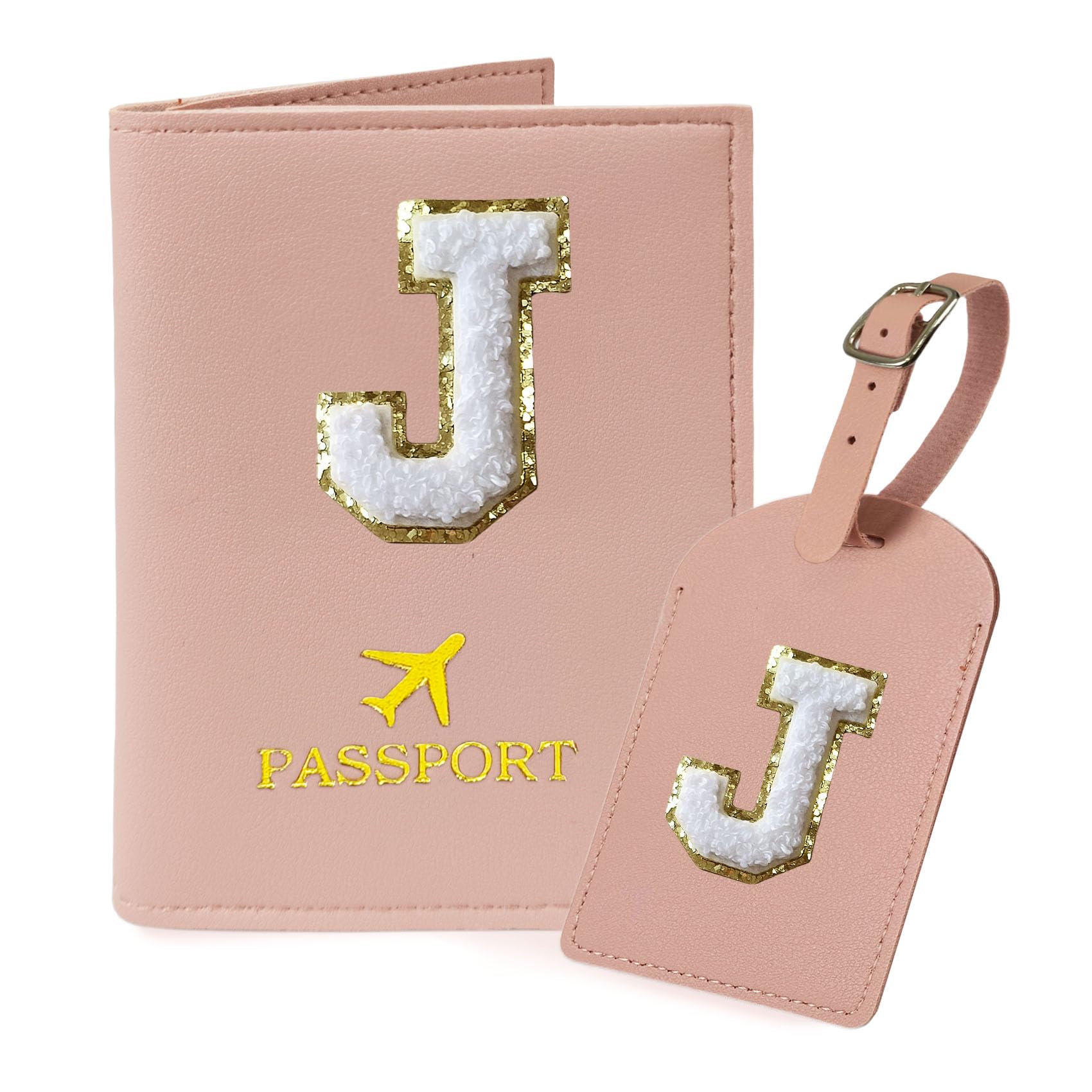 COSHAYSOOInitial Passport Cover Holder and Luggage Tag Set TSA Approved with Chenille Letter Patch ABC for Women Teenage Girls, Travel Essentials Must Have Stuff Bag Suitcase Identifier Pink (J),