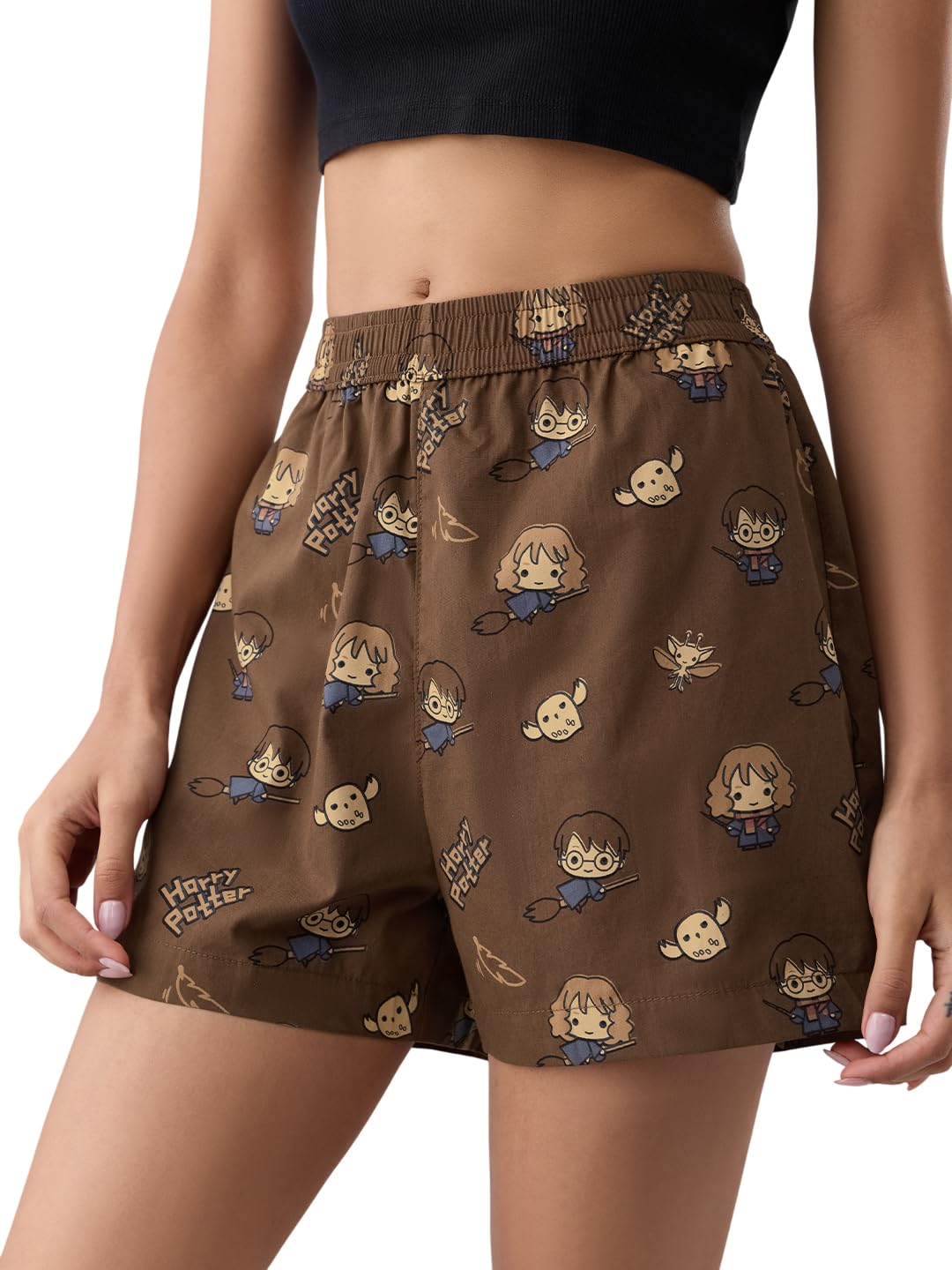 the souled store Harry Potter: Potter Chibi Women and Girls Elastic Waistband Brown Cartoon/Anime Print Cotton Regular Fit Lightweight Everyday Lounge Shorts-picture-40
