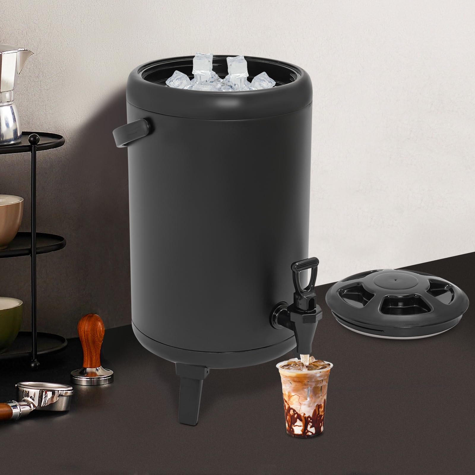 Dispenser per bevande da 10 l, contenitore isolato, in acciaio inox, per acqua calda e fredda, con rubinetto, dispenser per bevande per caffè, cioccolato, tè al latte, succo (nero)