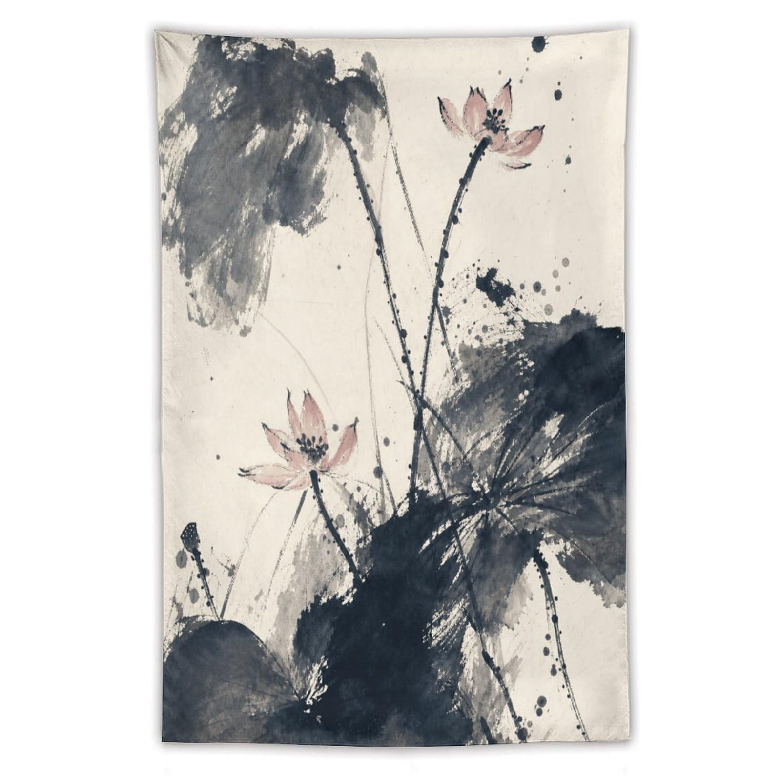 H3B8U2Y5 Ink Lotus and Mountains Wall Tapestry, Asian Ink Style, Bedroom